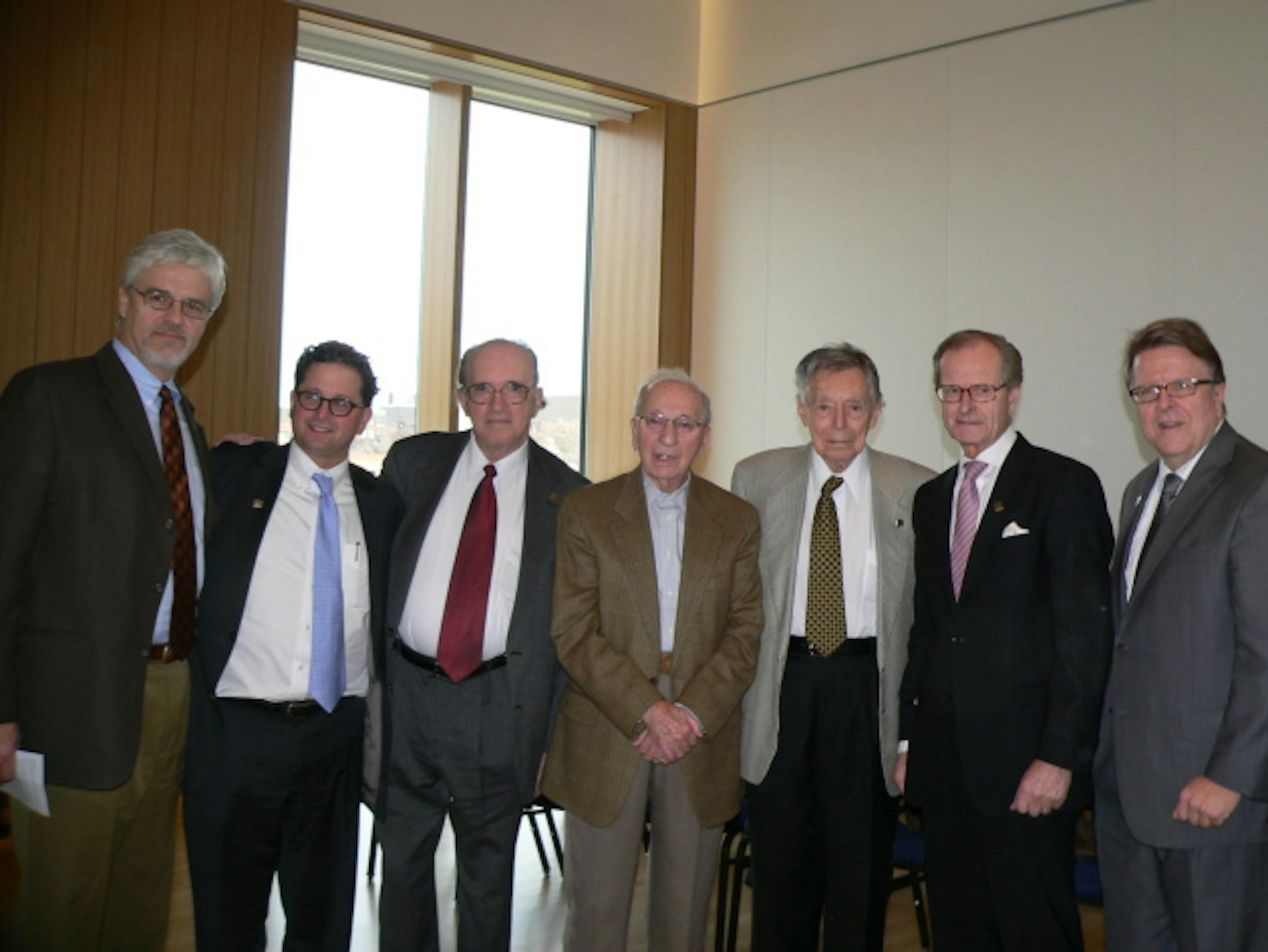 Pictured (l to r): Dr. Daniel Wildeson, Steve Hunegs, Charles Fodor, Fred Baron, Dr. Robert Fisch, Ingemar Eliasson, and Bruce Karstadt.