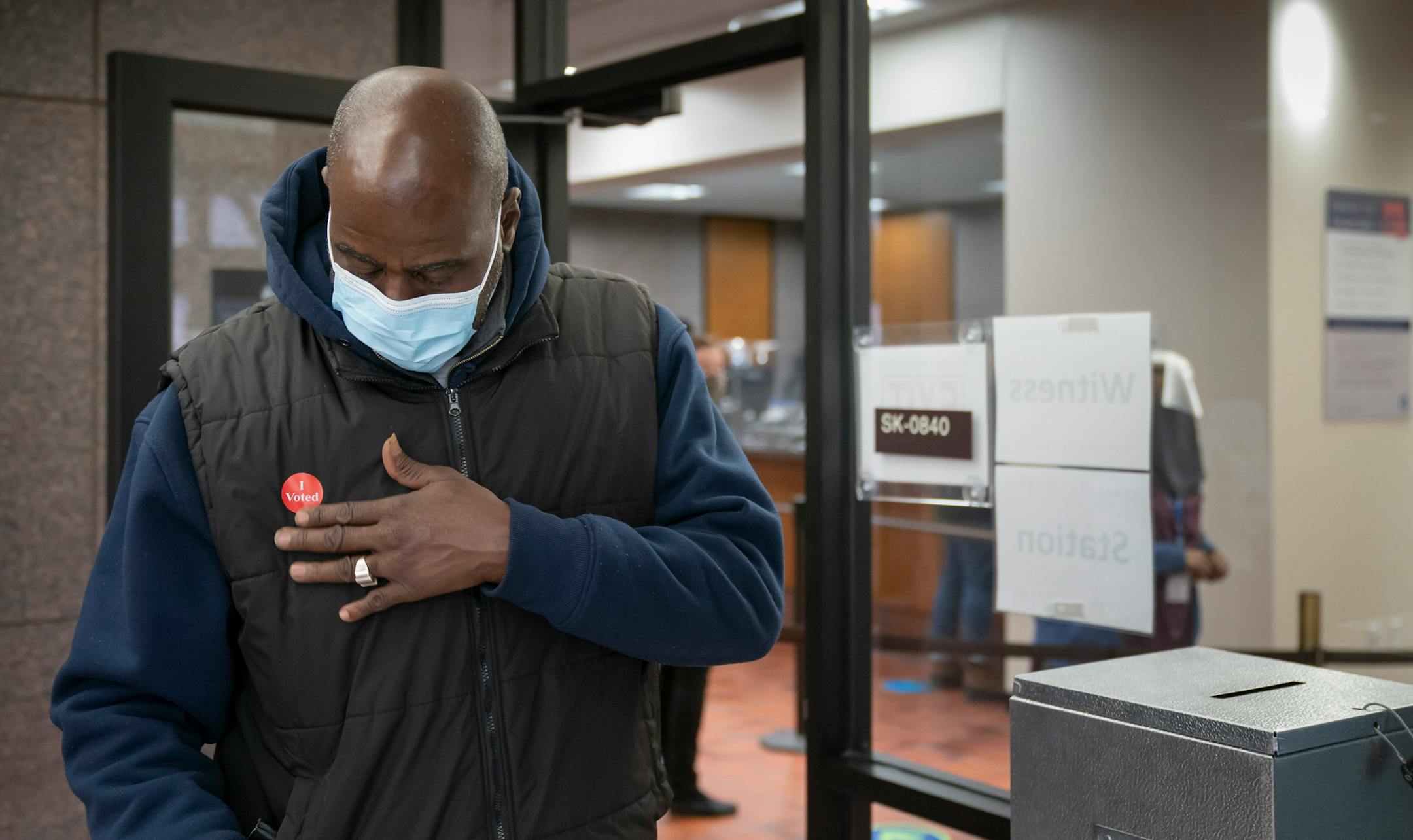Antoine Thornton put on his "I Voted" sticker as he dropped his ballot in the ballot box Wednesday at the Hennepin County Government Center. ] GLEN STUBBE • glen.stubbe@startribune.com Wednesday, October 21, 2020 Voting data analyzed by the Star Tribune finds voter turnout in the precincts with the highest concentration of Black voters dropped from 2012, when Barack Obama easily carried the state, to 2016, when Hillary Clinton nearly lost it. In a presidential election year that also saw a natio