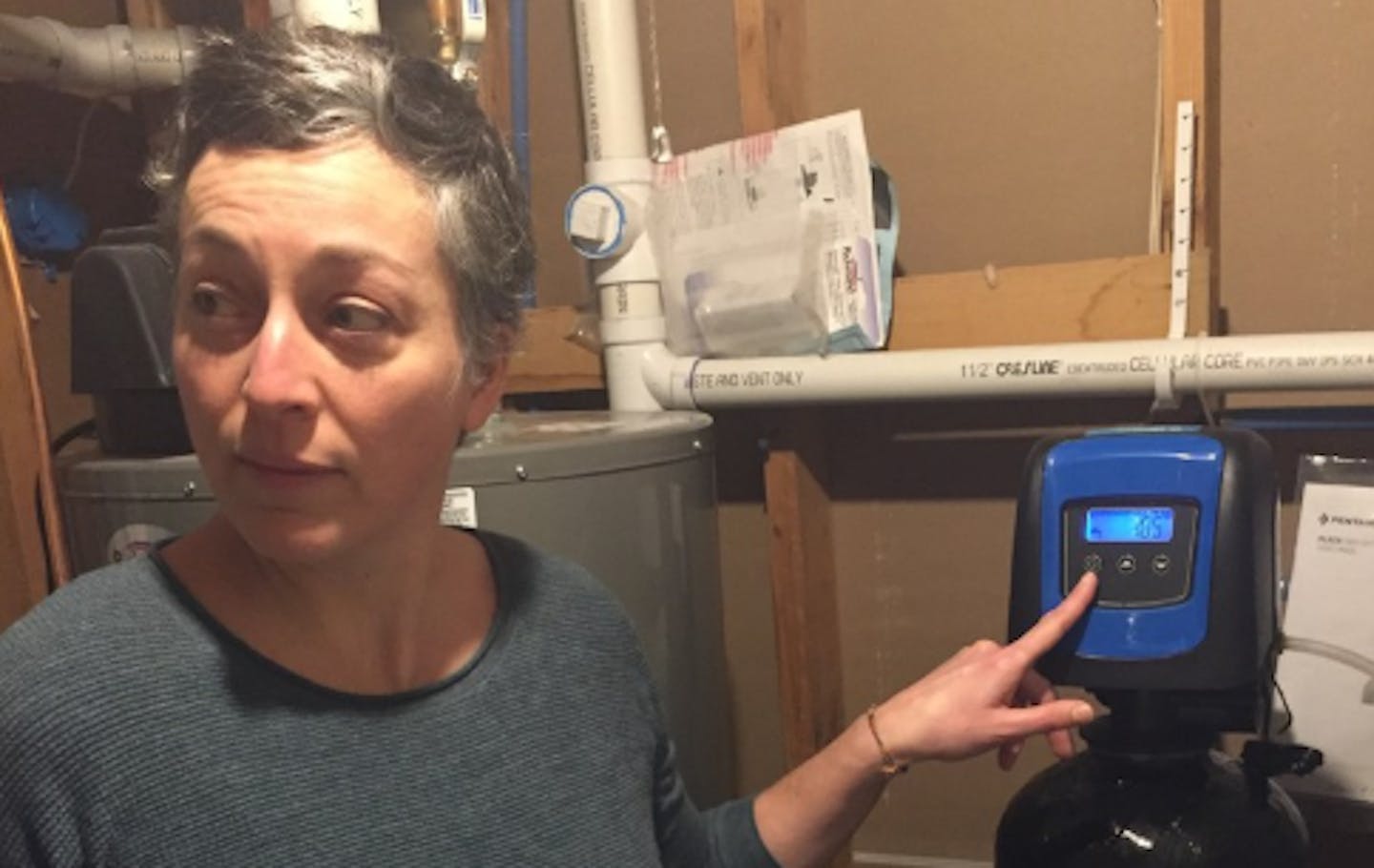 Anna Wise checks the new demand-initiated water softener in the basement of her Edina home.