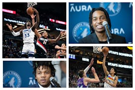 Several young Timberwolves will be vying for playing time next season, including (clockwise from upper left): Leonard Miller, Rob Dillingham, Josh Min
