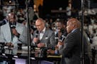 From left, TNT's crew of Shaquille O’Neal, Ernie Johnson, Draymond Green, Kenny Smith and Charles Barkley chop it up during Game 1 at Target Center.