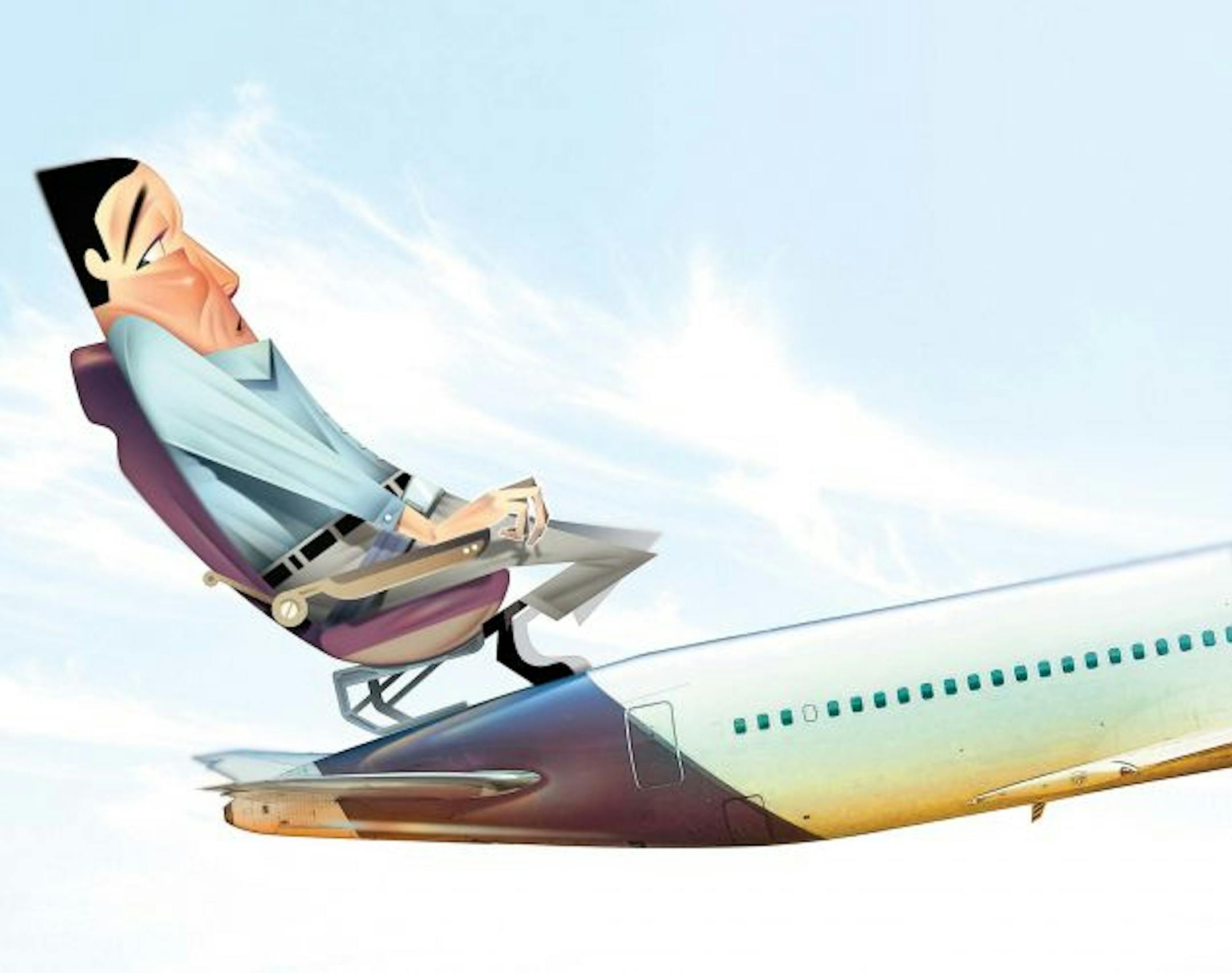 300 dpi Val B. Mina color illustration of nervous airline passenger clutching in his seat attached to the back of a jetliner in air. The Sacramento Bee 2007<p> With CNS-FLYINGCLINIC, The Sacramento Bee by Lisa Heyamoto<p> flyingclinic illustration flying clinic fear fears airline passenger takeoff nervous scared airplane jet mental health therapy, krtfeatures features, krtnational national, krtworld world, krttravel travel, krt, mctillustration, aeroplano volar volando avion miedo temor las altu