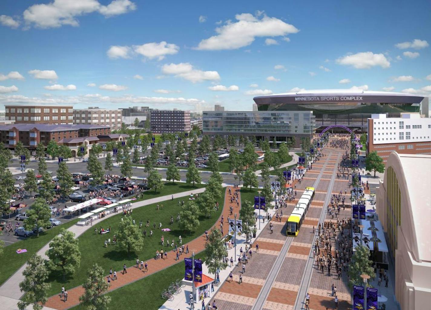 Eden Prairie, MN (April 2, 2012) - The Minnesota Vikings released three conceptual images illustrating the proposed new stadium on the current Metrodome site in Downtown East. Two of the images, including a night scene incorporating the downtown skyline, depict events surrounding Vikings game days. The third illustrates non-game day activity and a closer look at the proposed Winter Garden light rail train station. High-resolution images are available for download on the Vikings media-only ftp si