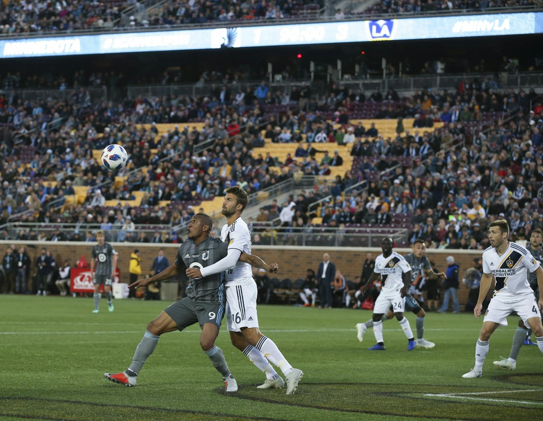 Minnesota United forward Angelo Rodriguez (9) awaited an incoming ball as Los Angeles Galaxy defender Jorgen Skjelvik (16) stayed close in the second half.