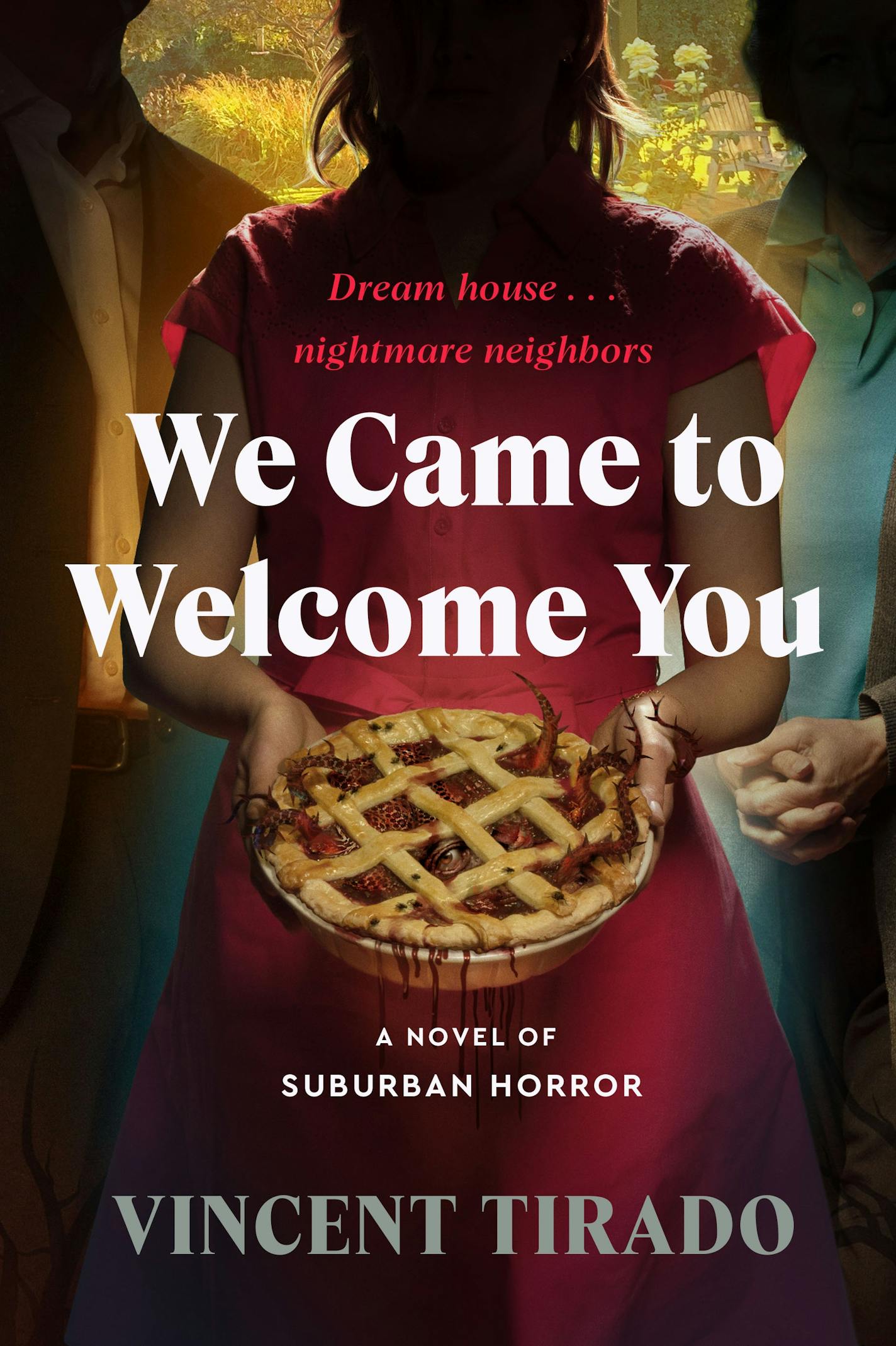 Cover features an ominous person, whose face is shadowed, proffering a pie