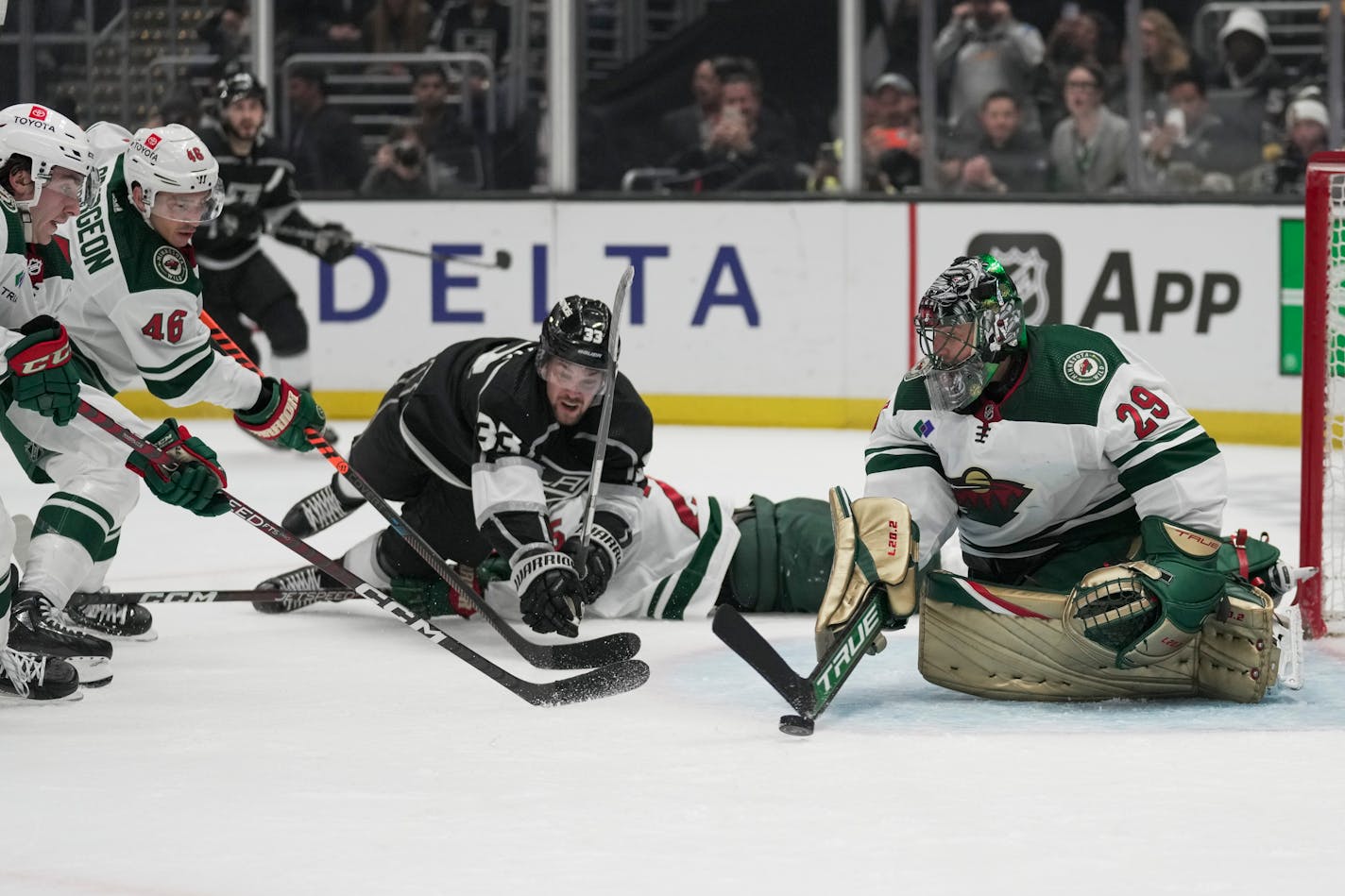 Wild goaltender Marc-Andre Fleury made 29 saves Tuesday night in Los Angeles.