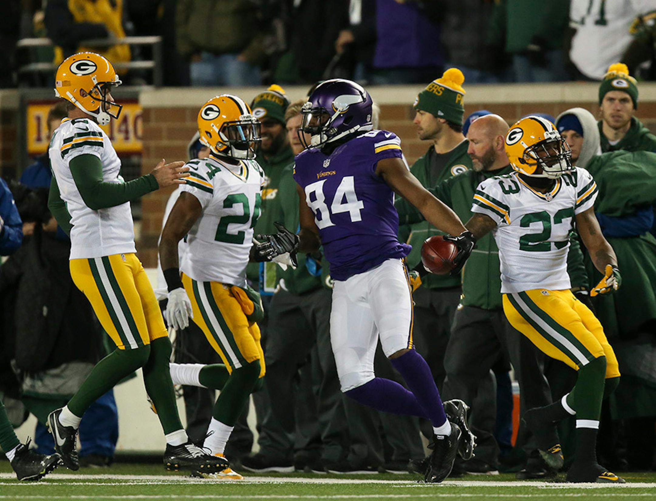 After returning a fourth quarter kick 52 yards, Vikings wide receiver Cordarrelle Patterson (84) was penalized for unsportsmanlike conduct for head butting a Green Bay Packer player after he was pushed out of bounds.