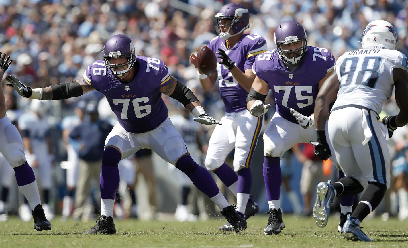 Minnesota Vikings offensive lineman Alex Boone (76) and Matt Kalil (75). ] CARLOS GONZALEZ cgonzalez@startribune.com - September 11, 2016, Nashville, TN, Nissan Stadium, NFL, Minnesota Vikings vs. Tennessee Titans