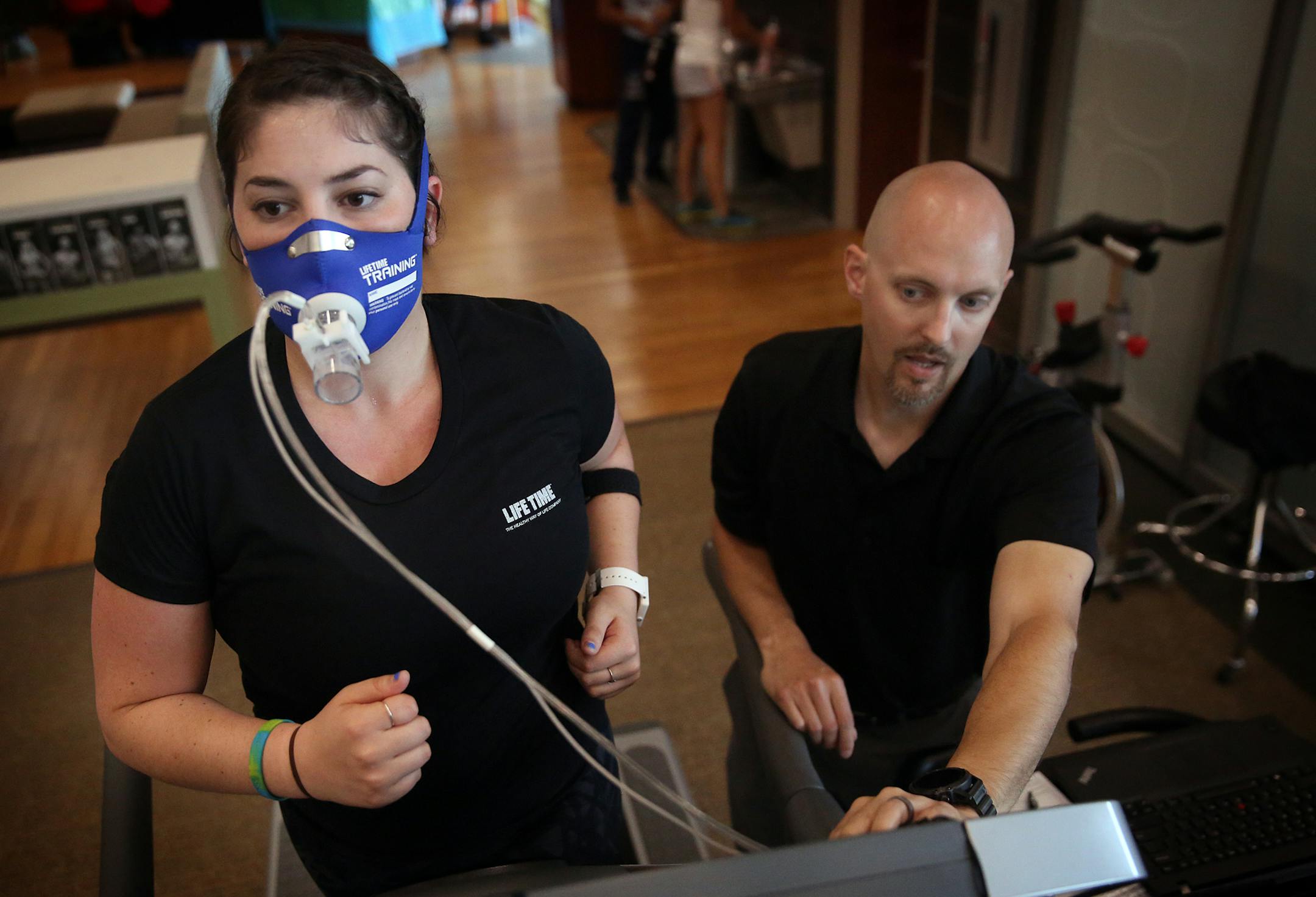 Life Time Fitness&#x2019; Dan Hubley conducted an active metabolic assessment on Kathy Larrea. The test can help people plan a more effective workout.