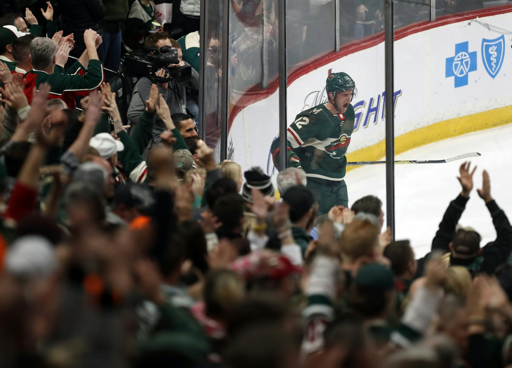 Wild player Eric Staal(12) celebrates the second goal of the game.