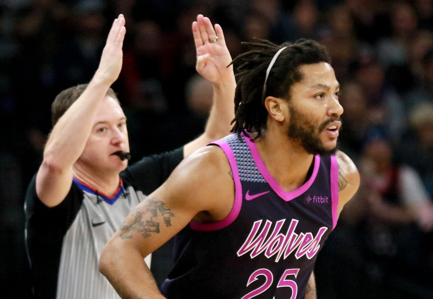 The Minnesota Timberwolves Derrick Rose (25) hit a three-point shot during the second half of the Timberwolves 119-115 loss to the Dallas Mavericks Friday, Jan. 11, 2019, at the Target Center in Minneapolis, MN.] DAVID JOLES • david.joles@startribune.com This will be interim head coach Ryan Saunders first home game