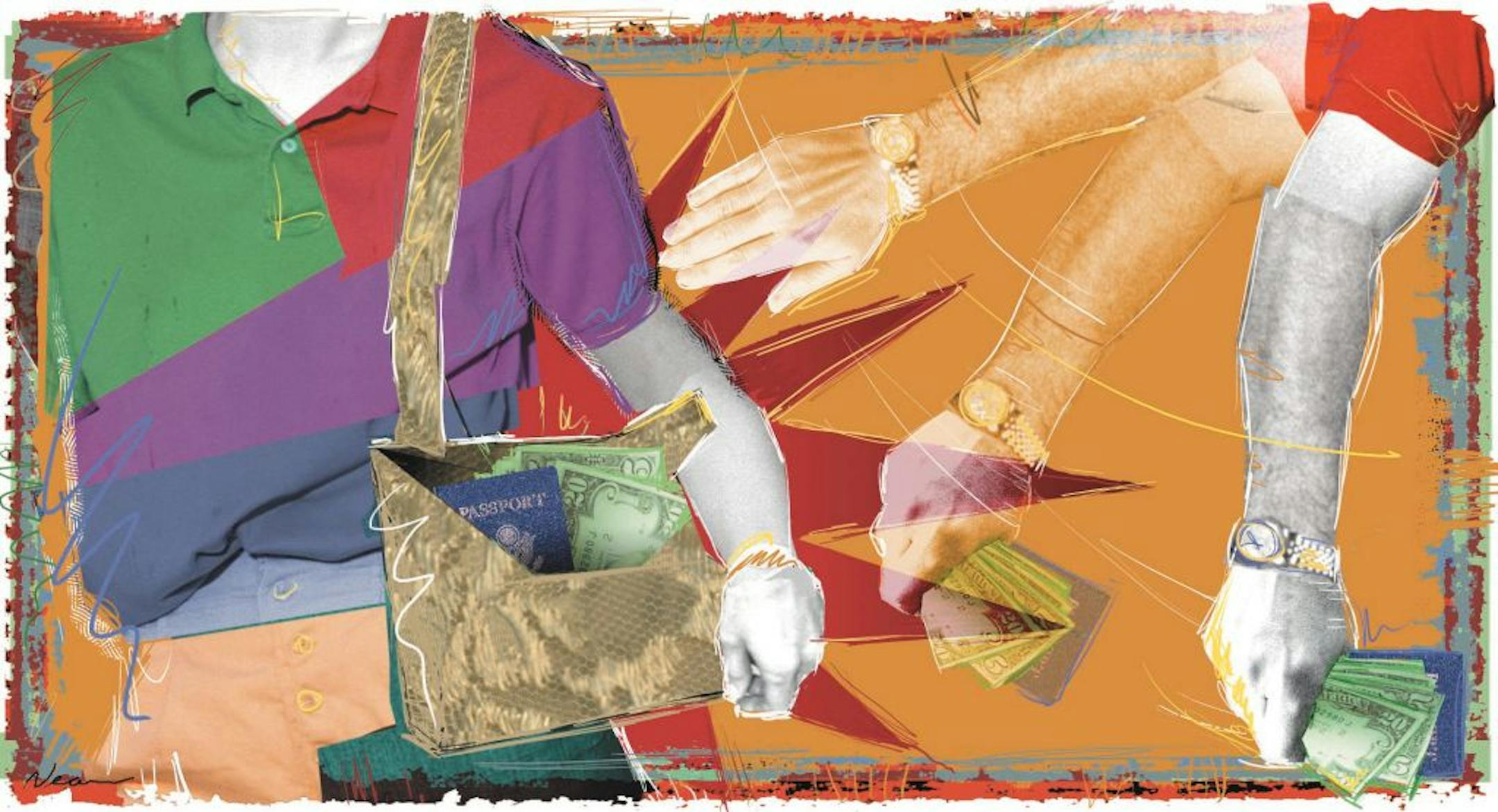 200 dpi 59p x 32p Rick Nease color illustration of hands reaching out towards an open pocketbook. Detroit Free Press 1998 With PICKPOCKET, Knight Ridder by Kathleen O'Gorman CATEGORY: ILLUSTRATIONSUBJECT: PICKPOCKET ILLUS.jpgARTIST: Rick NeaseORIGIN: Detroit Free PressTYPE: JPEGSIZE: As neededENTERED: 9/8/98STORY SLUG: PICKPOCKET, Knight Ridder by Kathleen O'Gorman