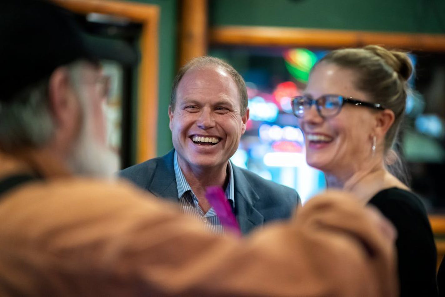 Jason Rarick, Republican candidate for State Senate in the SD11 special election, spoke with people at a Bingo fundraiser for WINDOW Victim Services, held at Doc's Bar in Sturgeon Lake.