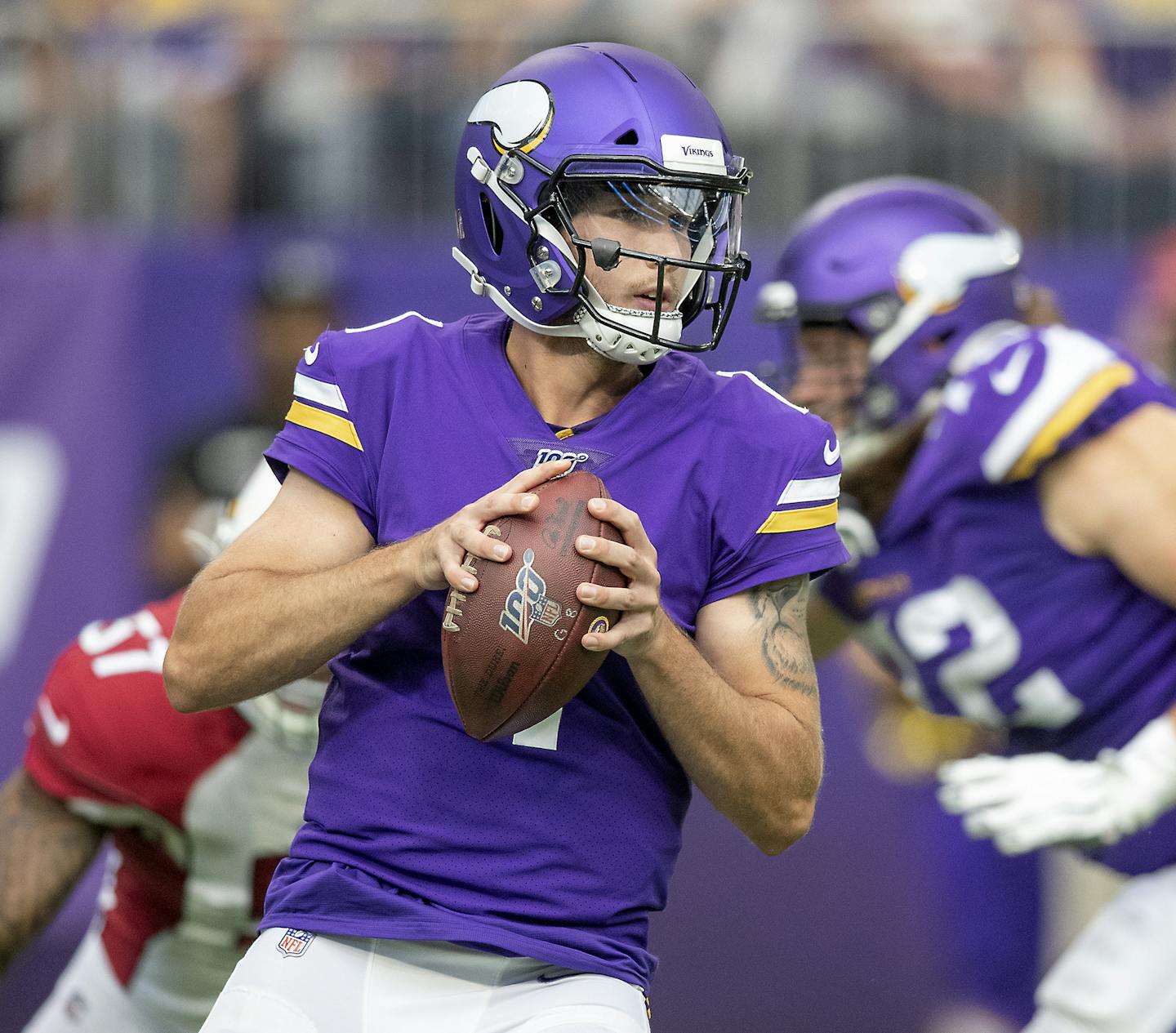 Minnesota Vikings quarterback Kyle Sloter looks downfield in the third quarter as the Minnesota Vikings took on the Arizona Cardinals at US Bank Stadium, Saturday, August 24, 2019 in Minneapolis, MN. ] ELIZABETH FLORES &#x2022; liz.flores@startribune.com