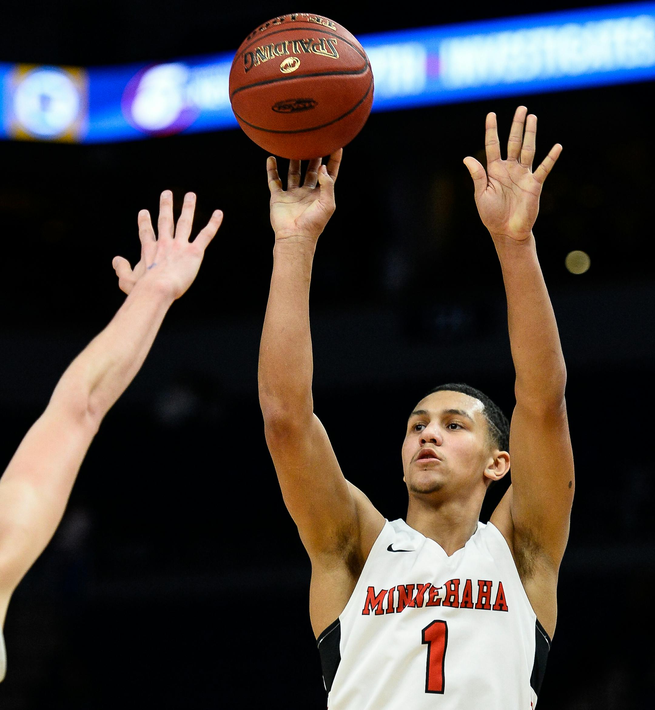 Minnehaha Academy guard Jalen Suggs (1) attempted a jump shot in the first half Friday against St. Cloud Cathedral. ] AARON LAVINSKY • aaron.lavinsky@startribune.com St. Cloud Cathedral played Minnehaha Academy in a Class 2A boy's semifinal game on Friday, March 23, 2018 at Target Center in Minneapolis, Minn. ORG XMIT: MIN1803232002520958