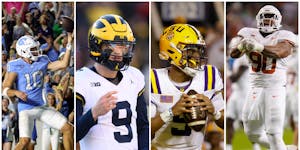 Among the possible players for the Vikings to select in the first round of the NFL draft Thursday are, from left, North Carolina quarterback Drake May