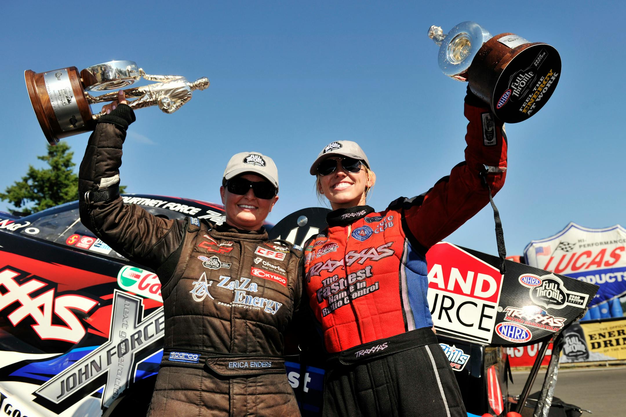 Erica Enders (left) and Courtney Force both won at the Northwest Nationals in August, the first time two women have won at the same NHRA event.