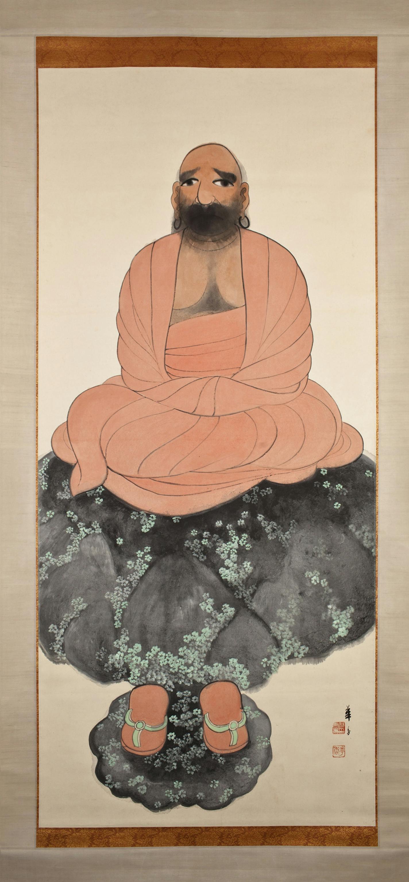 In this 1917 hanging scroll, painter Tsuji Kako depicted the &#x201c;Daruma,&#x201d; a 6th century Buddhist sage, as a stereotypical bearded Indian prince wearing jazzy gold earrings.