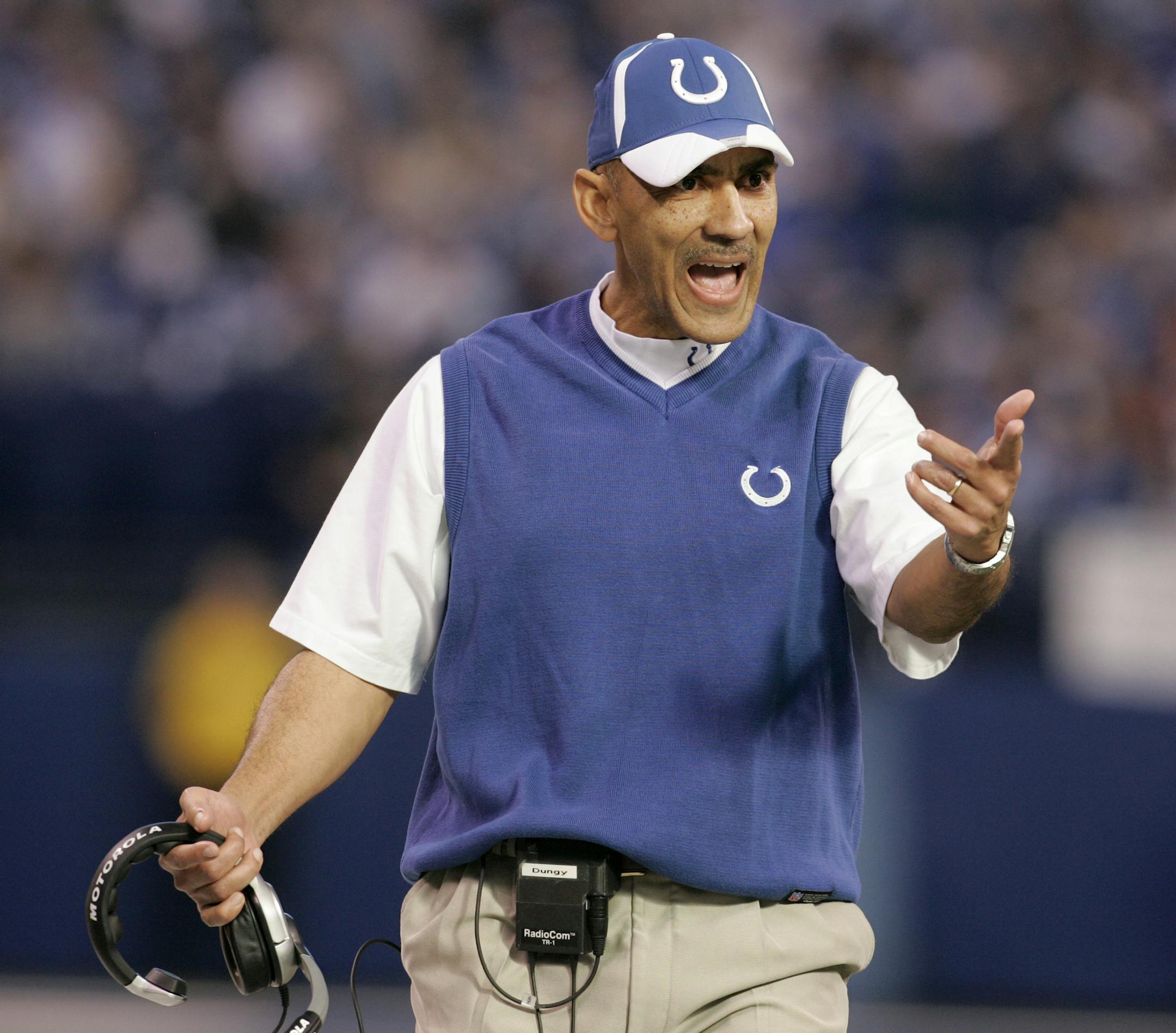 **out of camera file** Indianapolis Colts head coach Tony Dungy argues a call during the first quarter of an NFL football game against the Cincinnati Bengals in Indianapolis, Sunday, Dec. 7, 2008. (AP Photo/Darron Cummings)