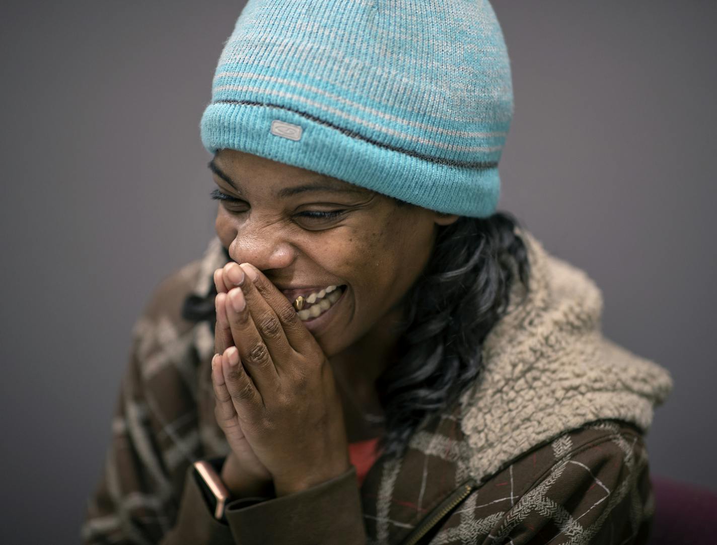 Jasmine Young, was all smiles as she was given the opportunity to sign up for housing at St. Stephen&#x2019;s Human Services, Thursday, November 21, 2019 in Minneapolis, MN. Young, her husband Anthony Moris, and their three children have been homeless since moving to Minnesota three months ago. St. Stephen&#x2019;s Human Services was scored a new $5 million grant from Amazon CEO Jeff Bezos&#x2019; charitable fund to boost help for homeless families in Minneapolis &#x2014; the largest foundation