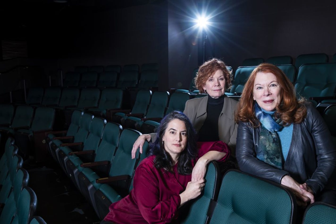 The three founders of Prime Productions pose for a portrait at the Andy Boss Thrust Stage at Park Square Theater. From left is Elena Giannetti, Alison Edwards and Shelli Place.