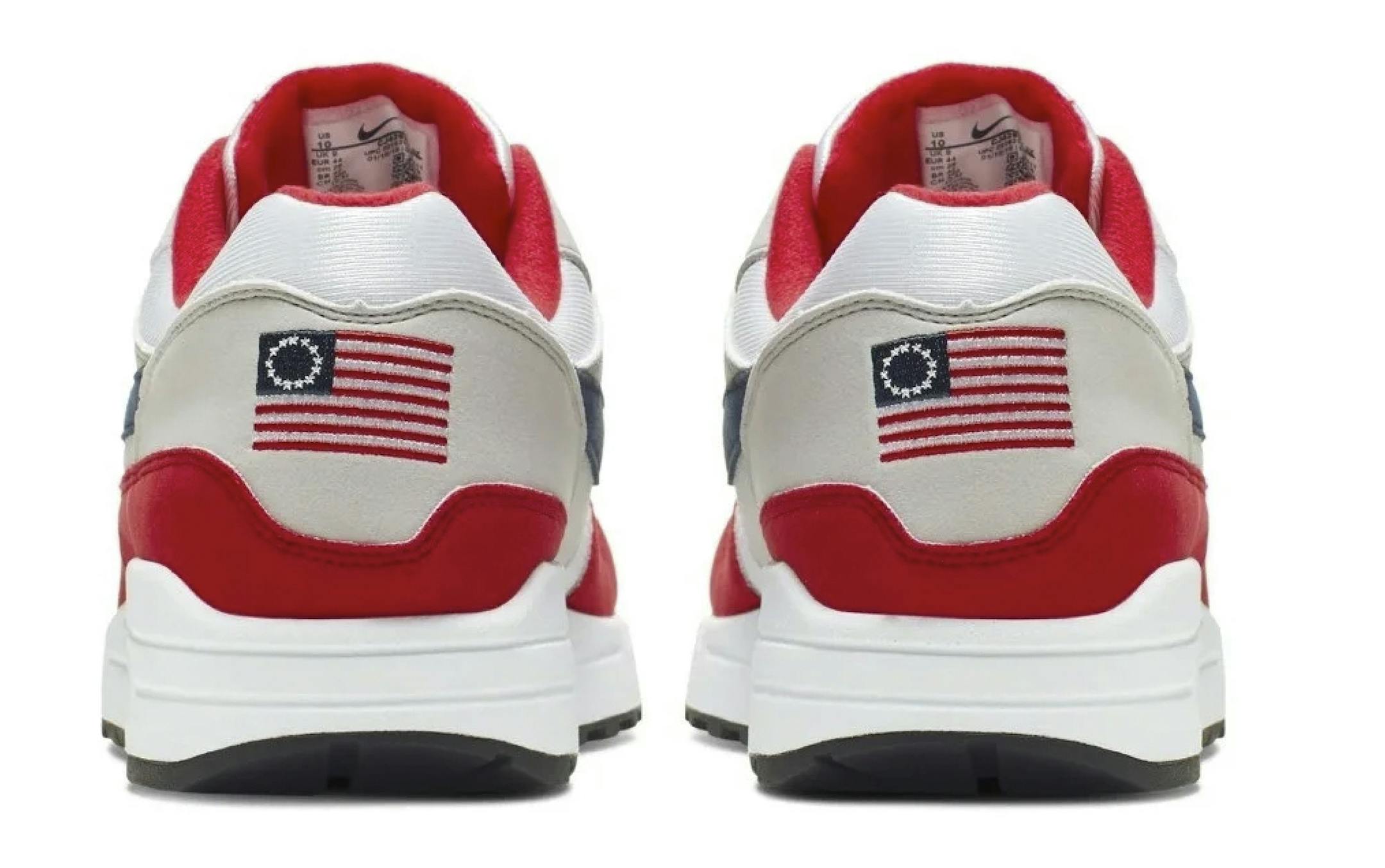 This undated product image obtained by the Associated Press shows Nike Air Max 1 Quick Strike Fourth of July shoes that have a U.S. flag with 13 white stars in a circle on it, known as the Betsy Ross flag, on them. Nike is pulling the flag-themed tennis shoe after former NFL quarterback Colin Kaepernick complained to the shoemaker, according to the Wall Street Journal. (Nike via AP Photo)