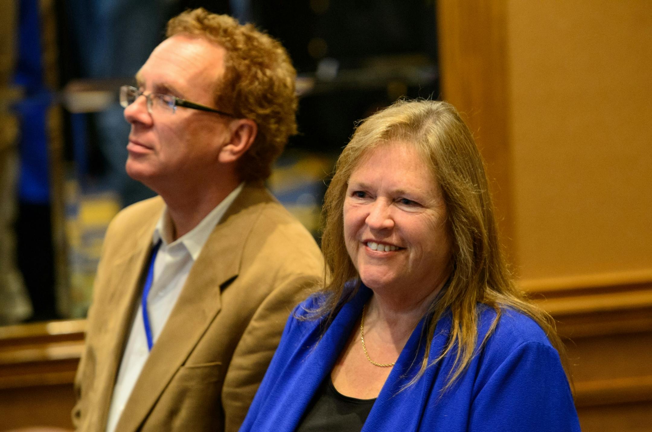 Bernie Sanders wife Jane O'Meara Sanders listened to the DNC summer meeting in Minneapolis from the back of the room.