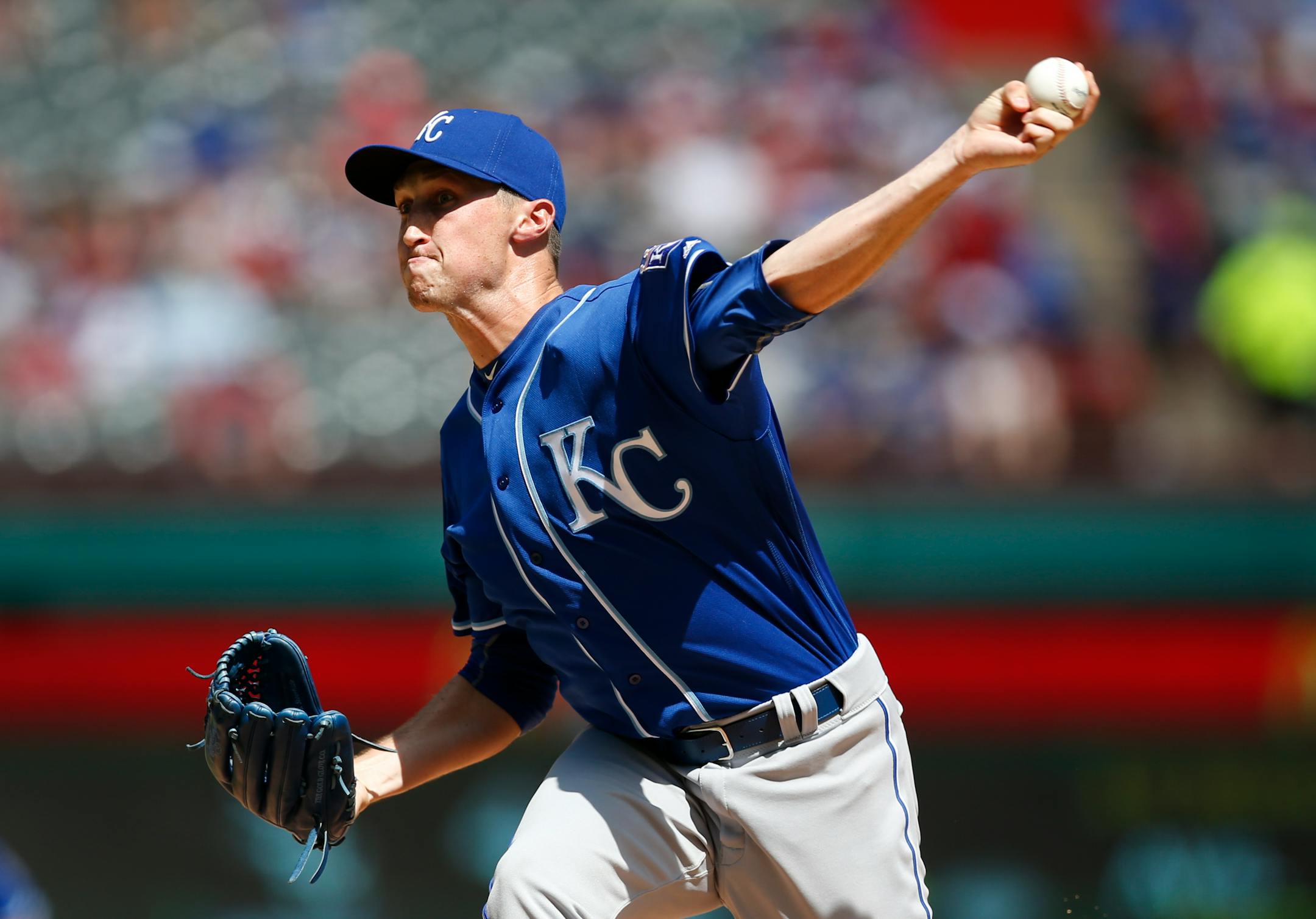 Kansas City Royals relief pitcher Matthew Strahm delivers to the Texas Rangers during the seventh inning of a baseball game, Sunday, July 31, 2016, in Arlington, Texas. The Rangers won 5-3. (AP Photo/Jim Cowsert) ORG XMIT: TXJC1