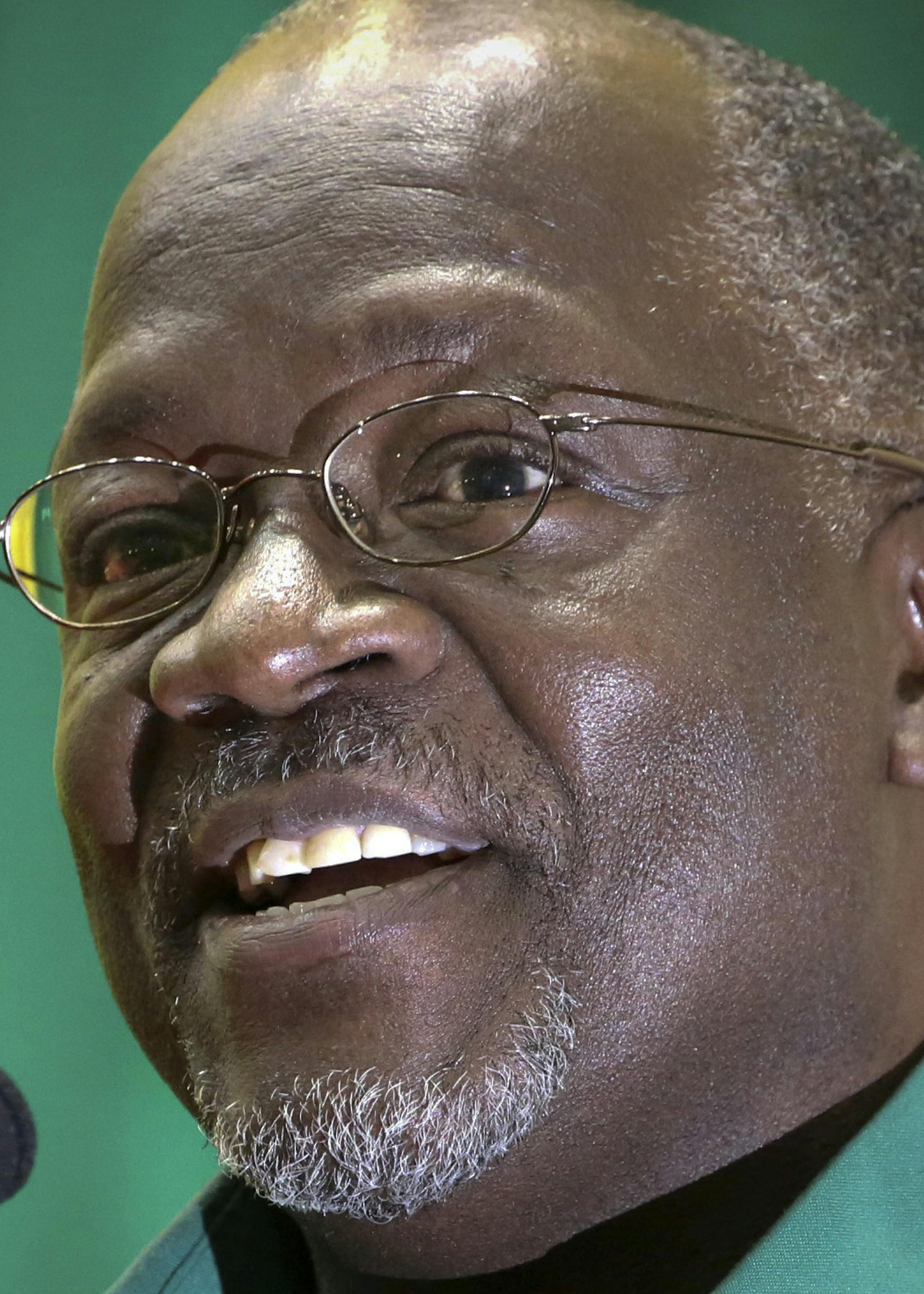 FILE - In this Saturday, July 11, 2015 file photo, Tanzania's public works minister and presidential candidate John Magufuli speaks at an internal party poll to decide the ruling Chama Cha Mapinduzi (CCM) party's presidential candidate, which they later chose him to be, in Dodoma, Tanzania. Tanzanians vote Sunday, Oct. 25, 2015 in landmark elections that could end the dominance of the ruling party, which has held power for decades but faces a united opposition buoyed by growing discontent over o