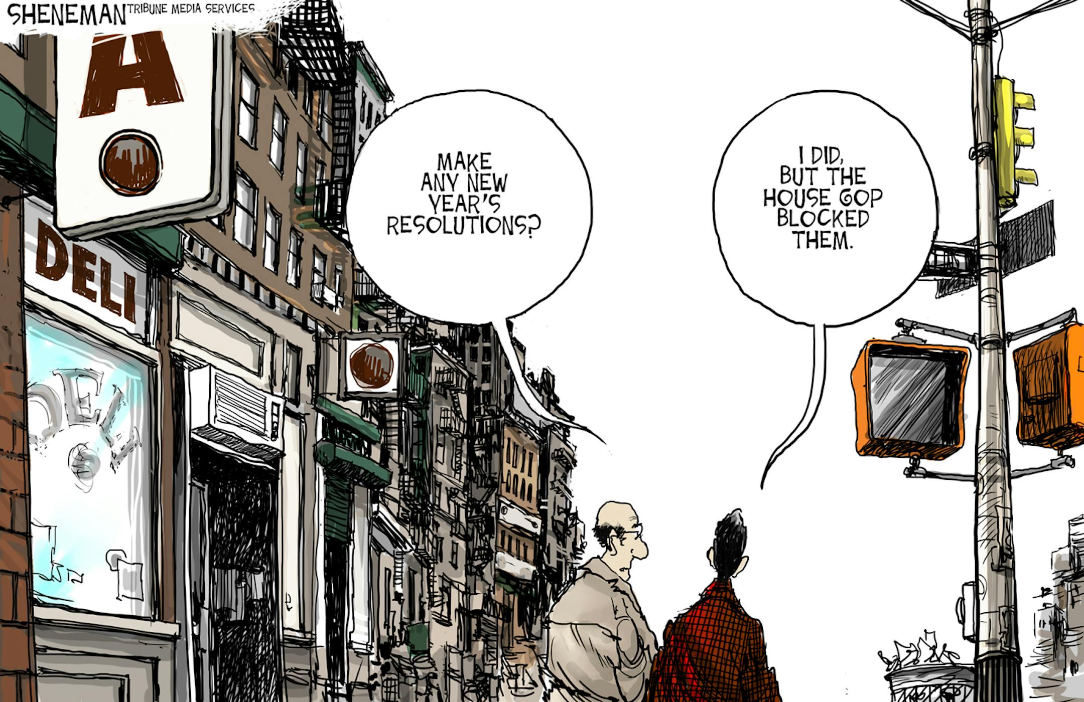 Drew Sheneman cartoon for Jan. 1, 2013. Topic: Fiscal cliff.