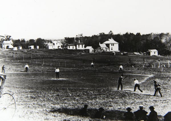 A baseball game between St. Olaf College and Carleton College in Northfield in 1887.