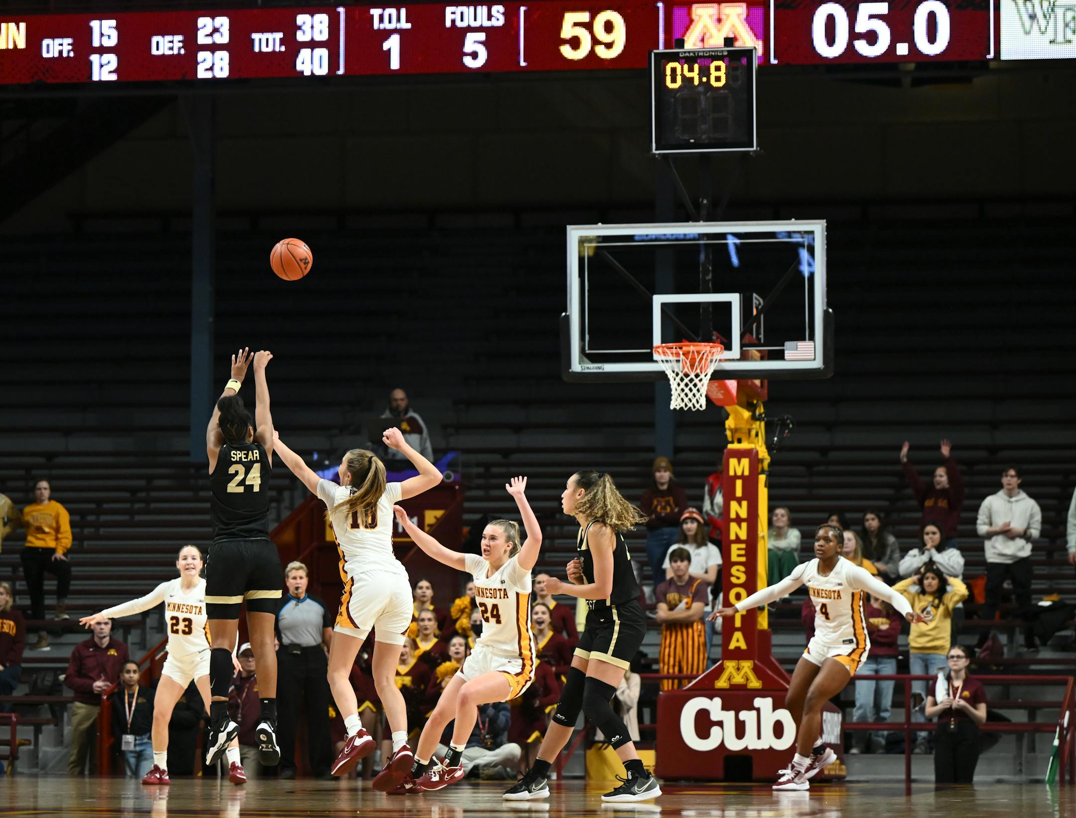 Wake Forest guard Jewel Spear (24) hits a game-winning 3-pointer with less than five seconds remaining against the Minnesota Gophers during the second half.