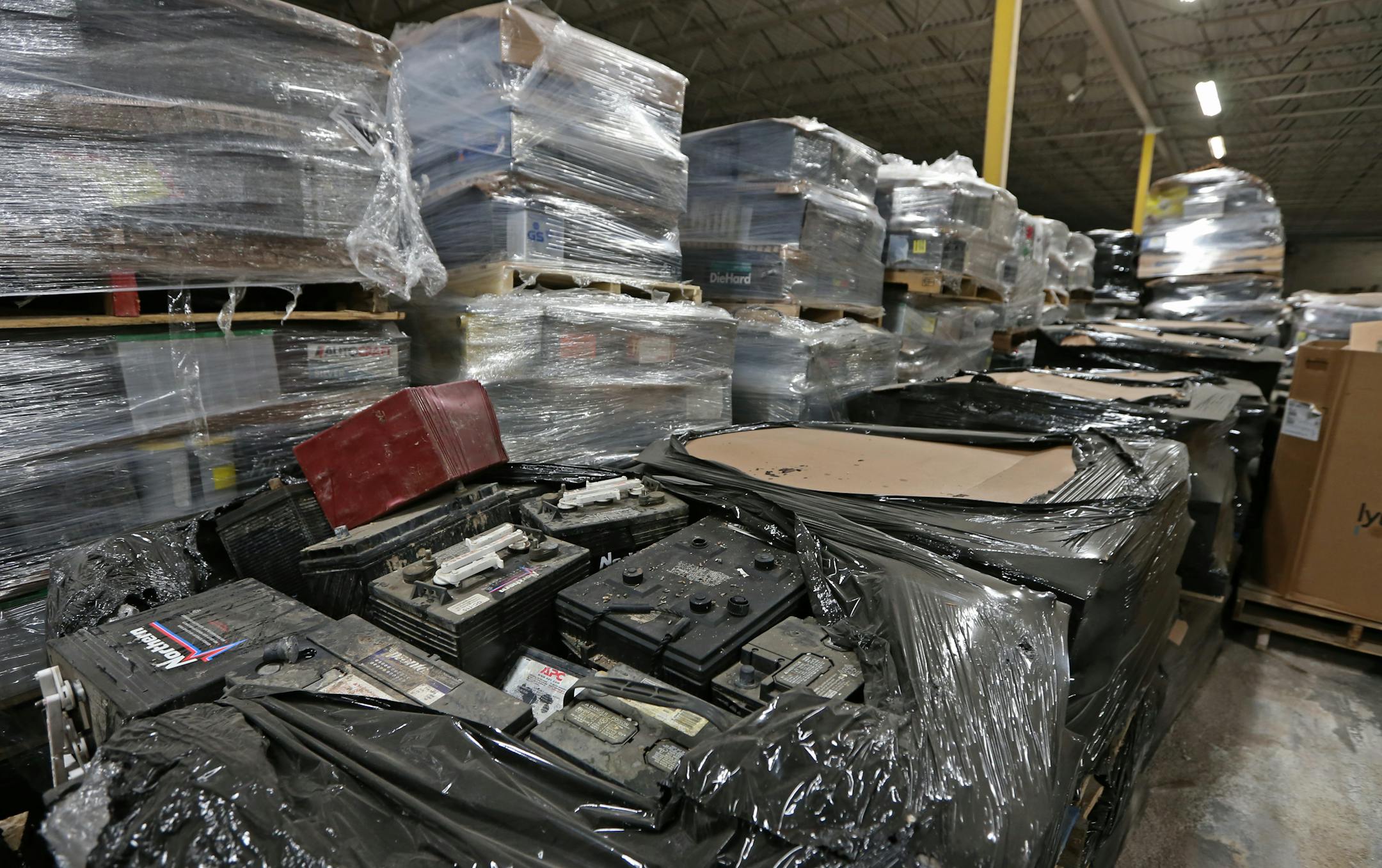 Lead acid batteries, mostly from cars, at Gopher Resource in Eagan.