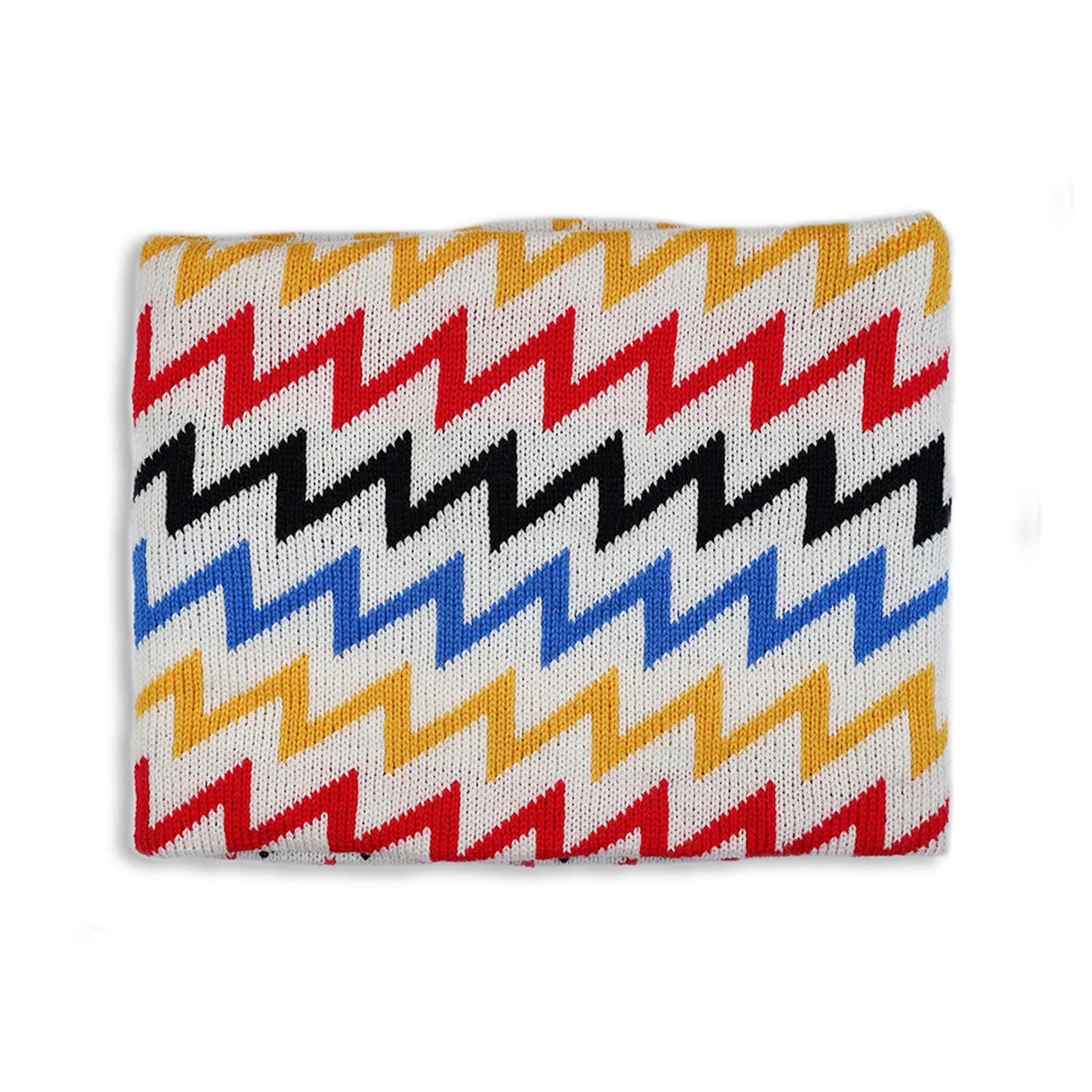 This zigzag cowl was knitted by Maggie Thompson  (Fond du Lac Band of Lake Superior Chippewa), a St. Paul textile artist and designer who launched Makwa Studio in northeast Minneapolis. Makwa means "bear" in Ojibwe.