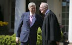 Supreme Court Justices Neil Gorsuch and Anthony Kennedy, right, at the White House in 2017. Kennedy, who has long been the decisive vote in many cases
