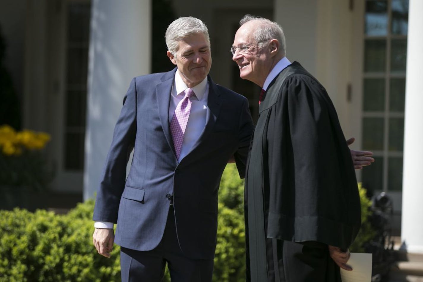 Supreme Court Justices Neil Gorsuch and Anthony Kennedy, right, at the White House in 2017. Kennedy, who has long been the decisive vote in many cases, announced Tuesday his intent to retire.