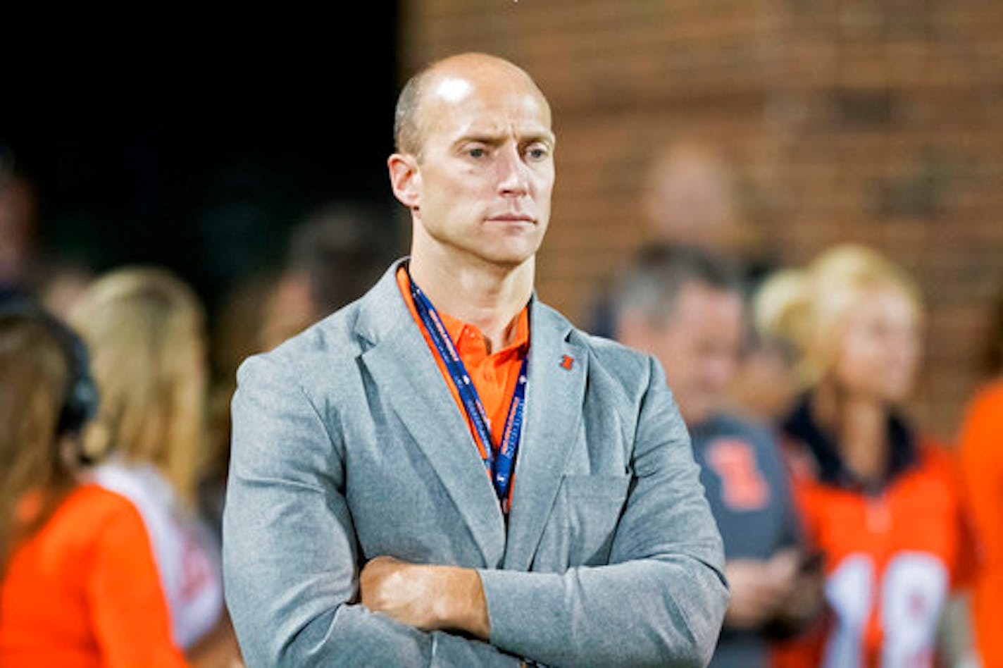 Illinois athletic director Josh Whitman watches from the sideline during an NCAA college football game against Western Kentucky Saturday, Sept. 9, 2017 at Memorial Stadium in Champaign, Ill. Illinois won 20-7. (AP Photo/Bradley Leeb)