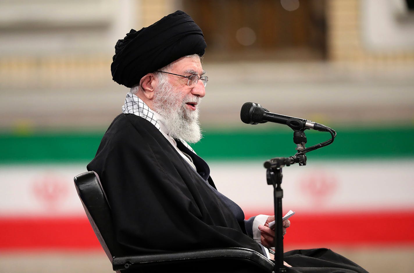 In this picture released by the official website of the office of the Iranian supreme leader, Supreme Leader Ayatollah Ali Khamenei speaks during a meeting with army's air force and air defense staff in Tehran, Iran, Sunday, Feb. 7, 2021. Iran's supreme leader said the U.S. must lift all sanctions if it wants Iran to return to its commitments to the nuclear deal with Western powers. (Office of the Iranian Supreme Leader via AP)