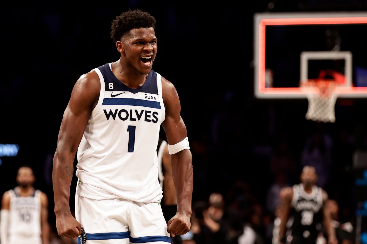 Minnesota Timberwolves guard Anthony Edwards reacts against the Brooklyn Nets during the second half of an NBA basketball game Tuesday, April 4, 2023, in New York. The Timberwolves won 107-102. (AP Photo/Adam Hunger)