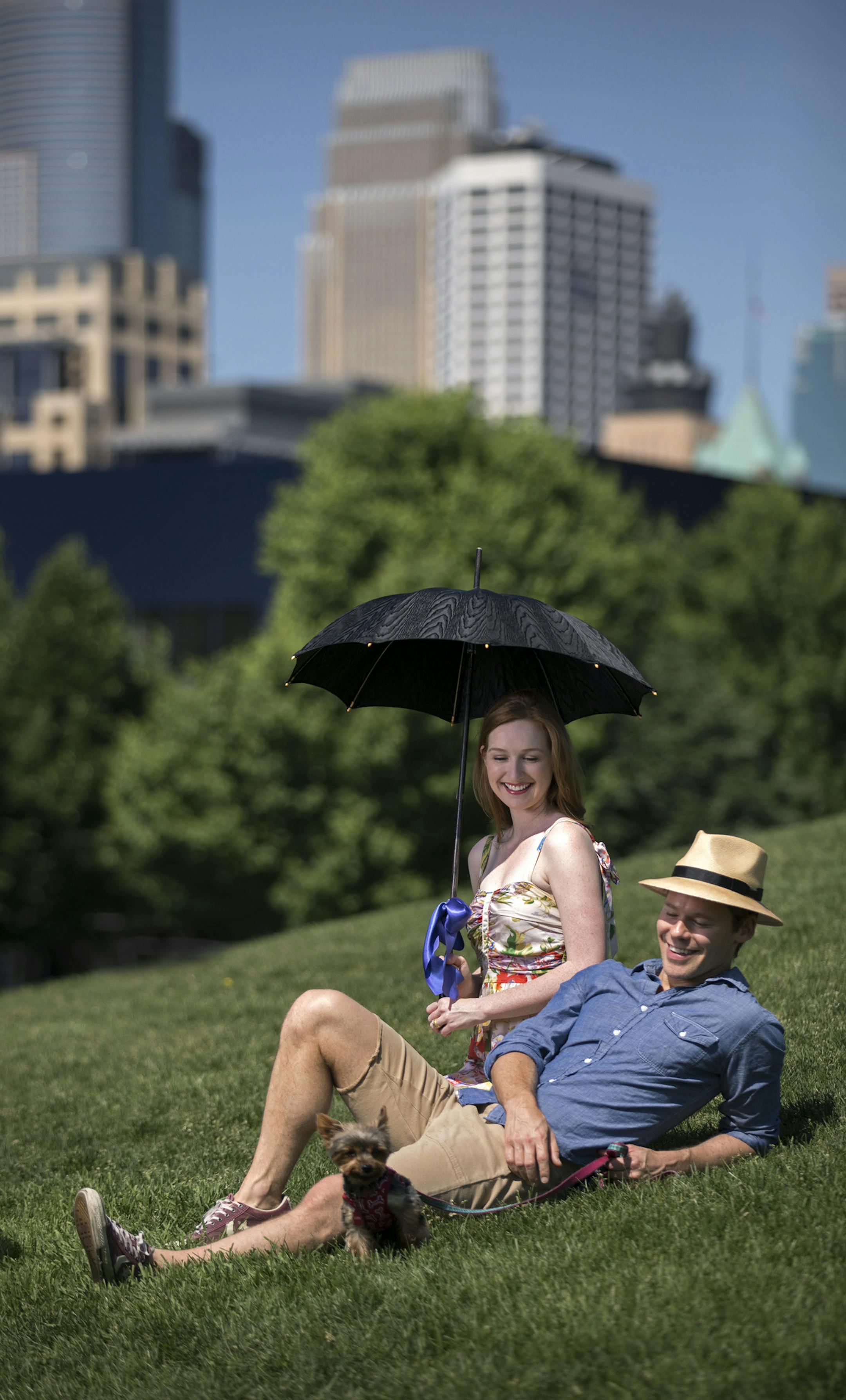 Erin Mackey and Randy Harrison, stars of the Guthrie's "Sunday in the Park With George," hang out at Gold Medal Park in Minneapolis.
