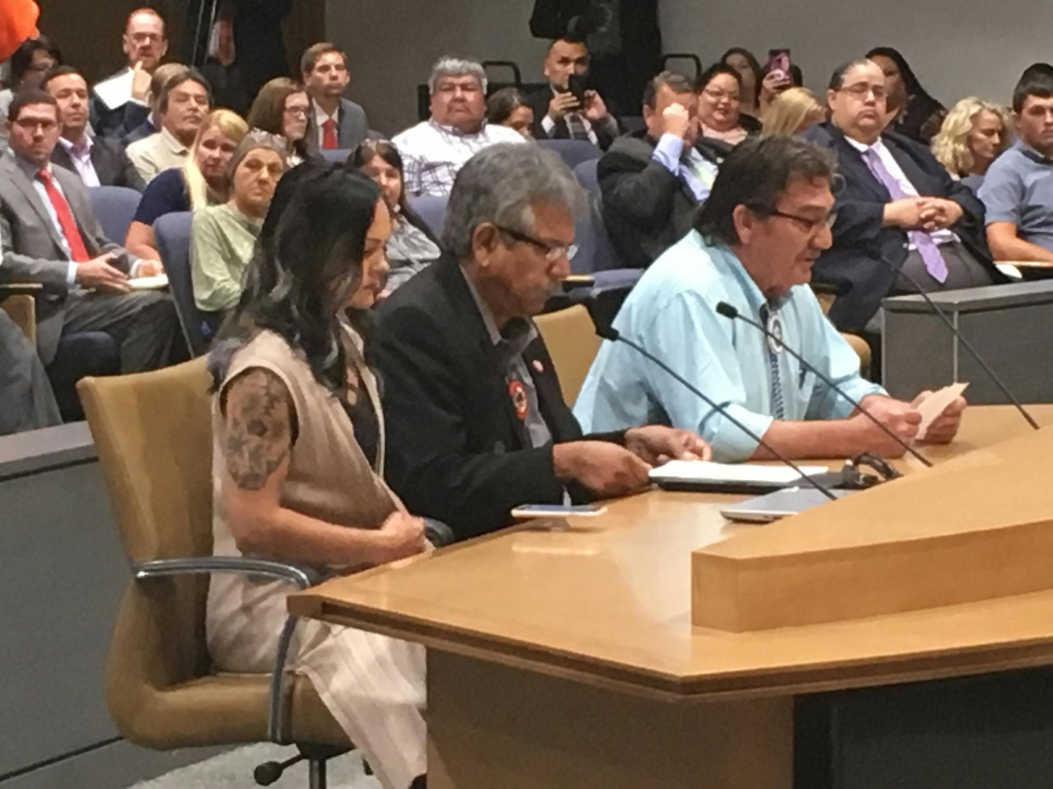 White Earth chairman Eugene Tibbetts (right) testified at a Senate committee hearing Tuesday on the $25 million in alleged Medicaid overpayments. He is seated next to Faron Jackson, chairman of the Leech Lake Band of Ojibwe, and Danielle Stevens, compliance director at White Earth Nation.
