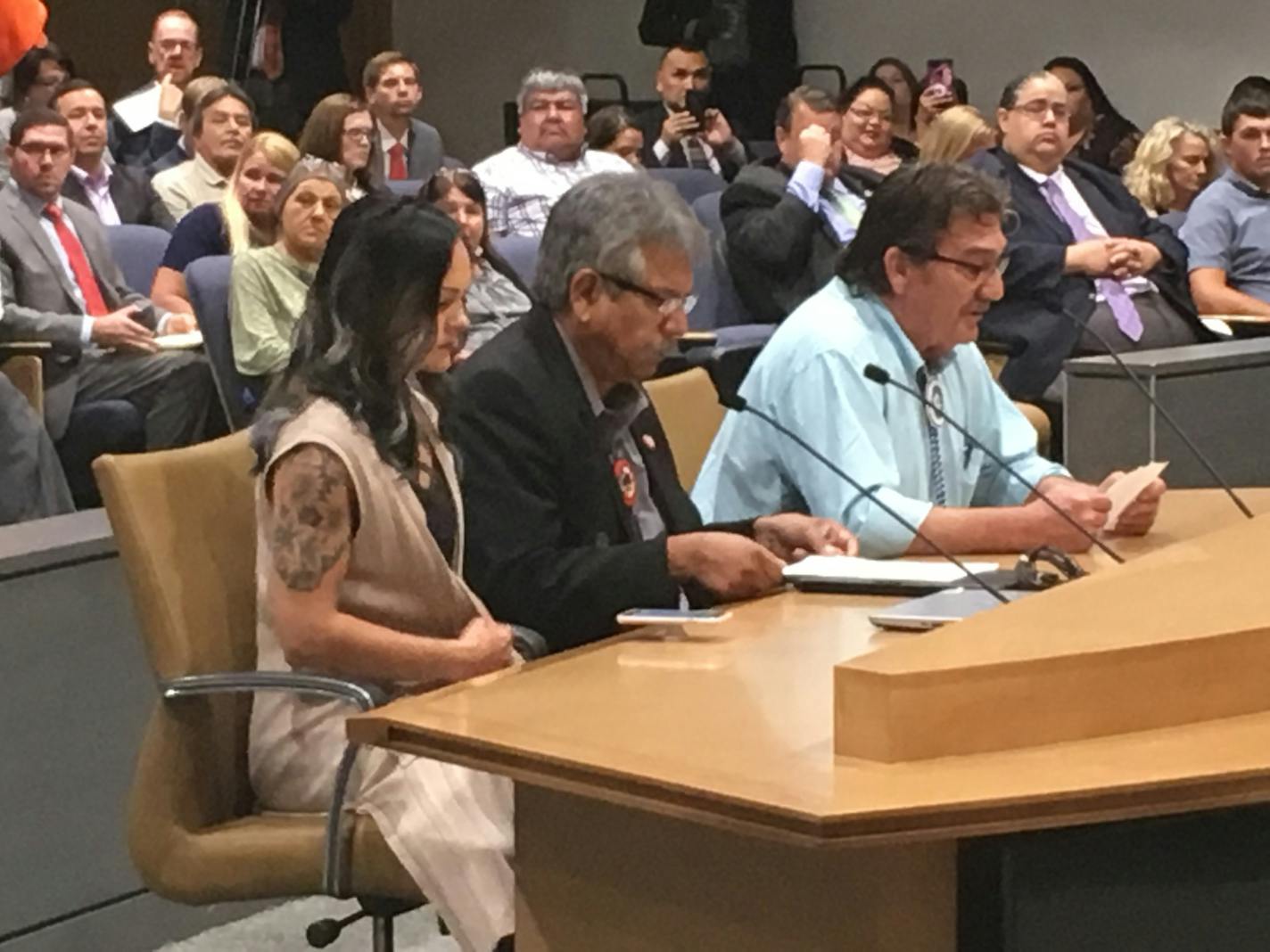 White Earth chairman Eugene Tibbetts (right) testified at a Senate committee hearing Tuesday on the $25 million in alleged Medicaid overpayments. He is seated next to Faron Jackson, chairman of the Leech Lake Band of Ojibwe, and Danielle Stevens, compliance director at White Earth Nation.