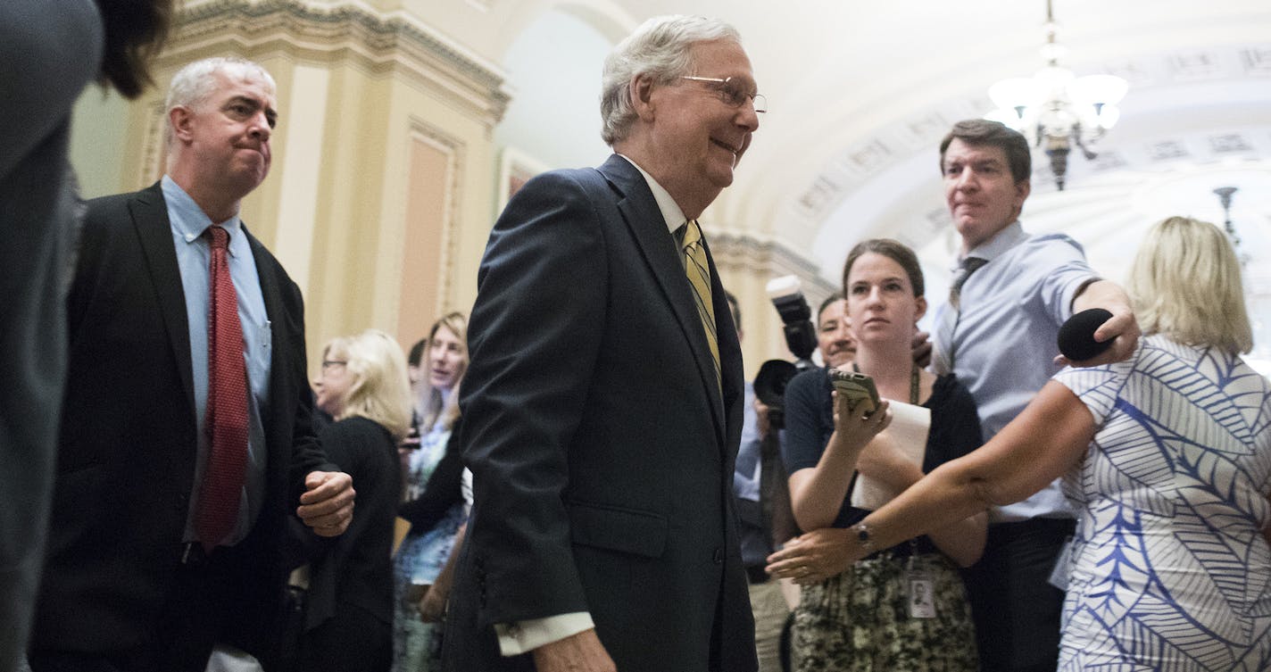 Senate Majority Leader Mitch McConnell (R-Ky.) after a Republican luncheon meeting on Capitol Hill, in Washington, July 13, 2017. Senate Republican leaders unveiled a fresh proposal to repeal and replace the Affordable Care Act, revising their bill to help hold down insurance costs for consumers while keeping a pair of taxes on high-income people that they had planned to eliminate. (Tom Brenner/The New York Times) ORG XMIT: MIN2017071317063535