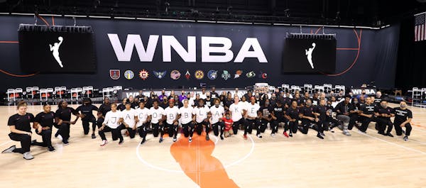 WNBA players agreed Wednesday to strike and no games were played. Jacob Blake's name is spelled out on the shirts in the front row.