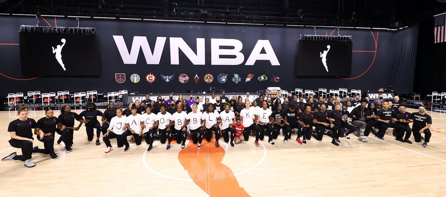 WNBA players agreed Wednesday to strike and no games were played. Jacob Blake's name is spelled out on the shirts in the front row.