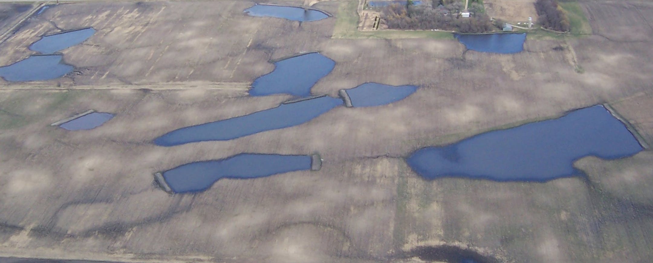 This aerial photo shows wetlands restored in 2005 to a parcel of land in McLeod County bought by the local Pheasants Forever chapter. Prairie grasses have since been planted as part of the wildlife habitat restoration. The U.S. Fish and Wildlife Service plans to buy the property, and it will be open for public hunting.