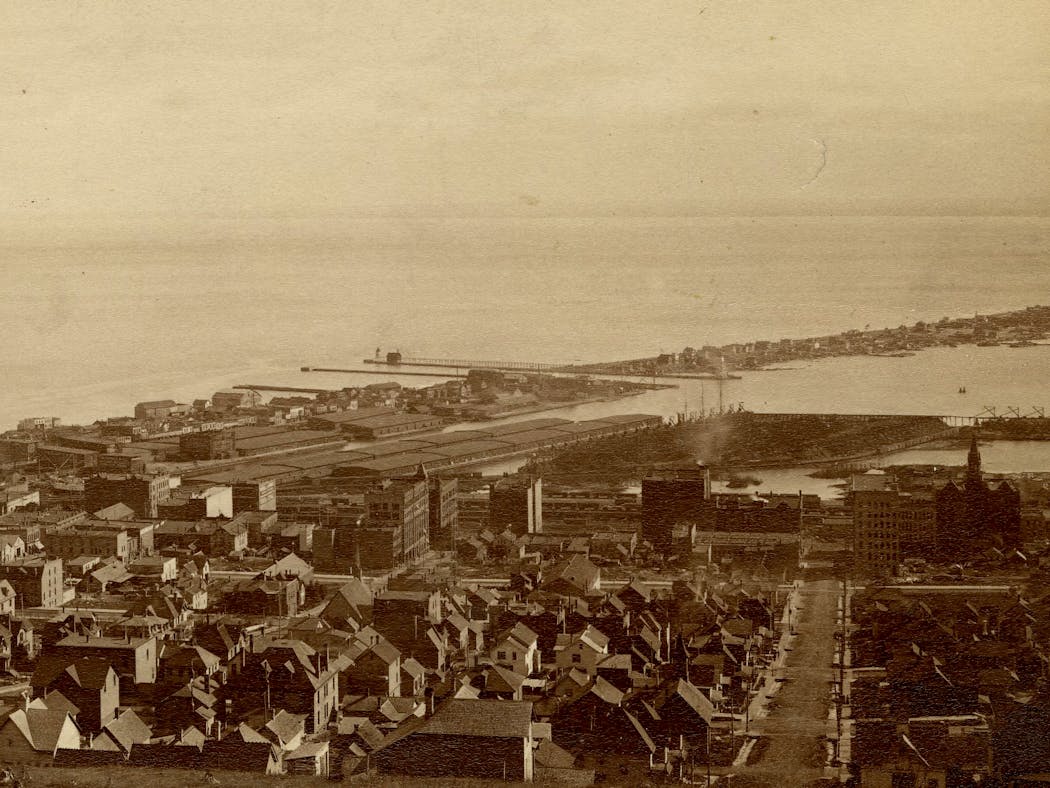 The canal on Minnesota Point is visible in this 1890 photograph of Duluth.