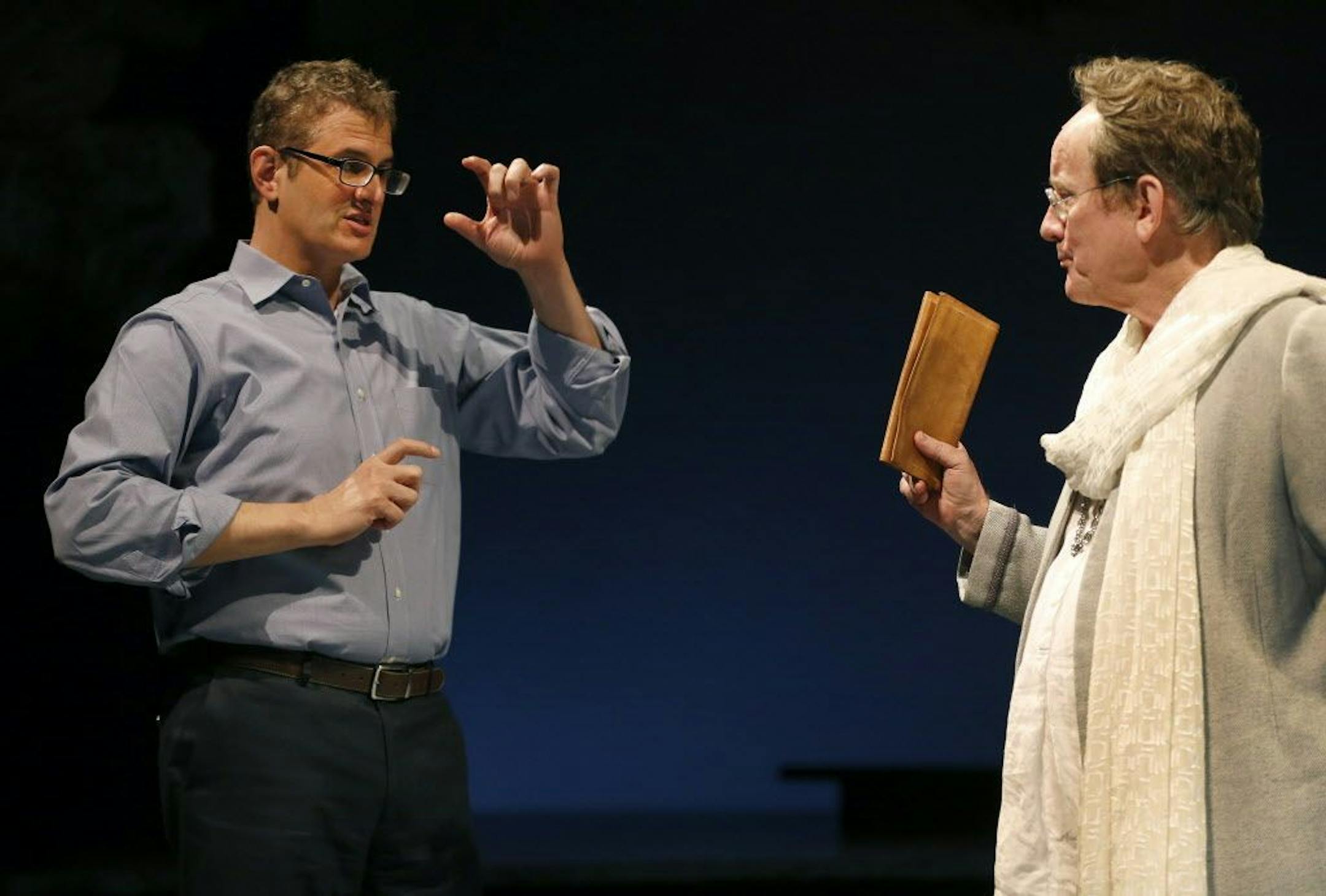 Artistic director Joe Haj spoke with Michael J. Hume (Helicanus) during a tech rehearsal for "Pericles" at the Guthrie Theater.