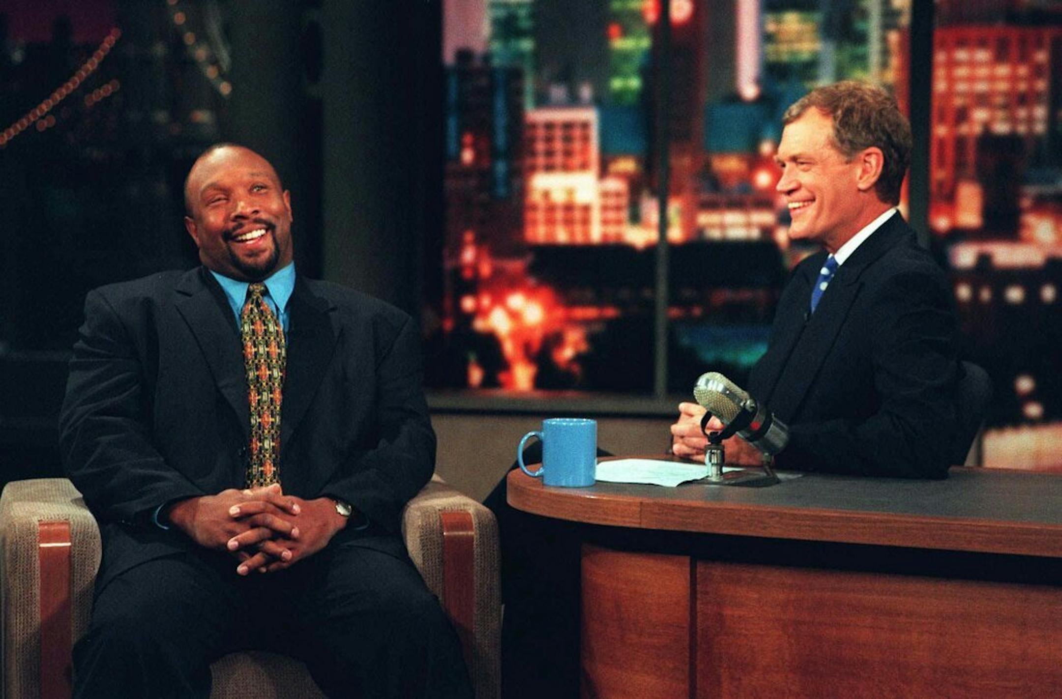 Kirby Puckett, former Minnesota Twins player, with host David Letterman during a 1997 taping in New York City of "Late Show with David Letterman."