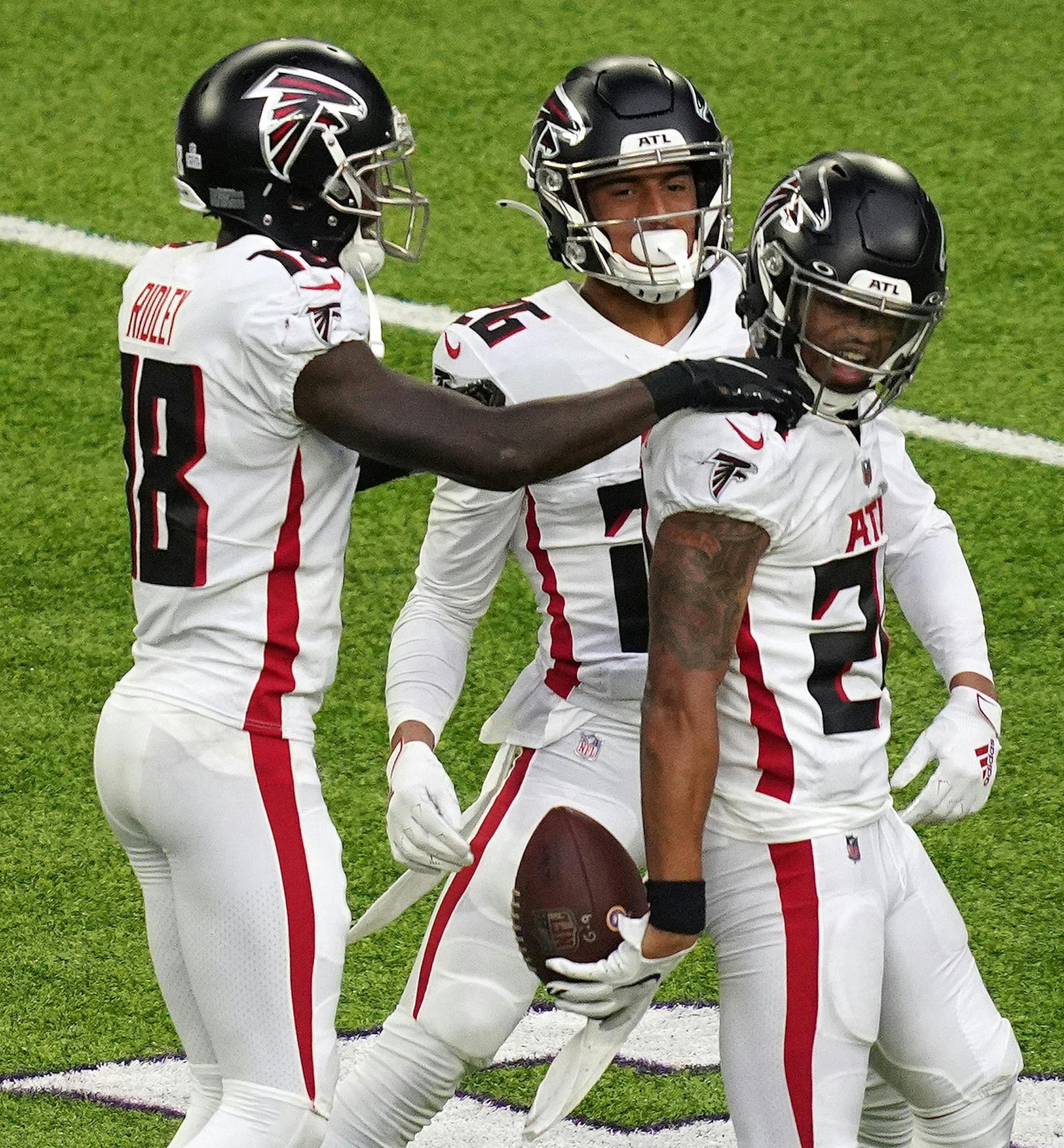 Atlanta Falcons cornerback A.J. Terrell (24) celebrated after he intercepted a pass by Minnesota Vikings quarterback Kirk Cousins (8) in the second quarter.